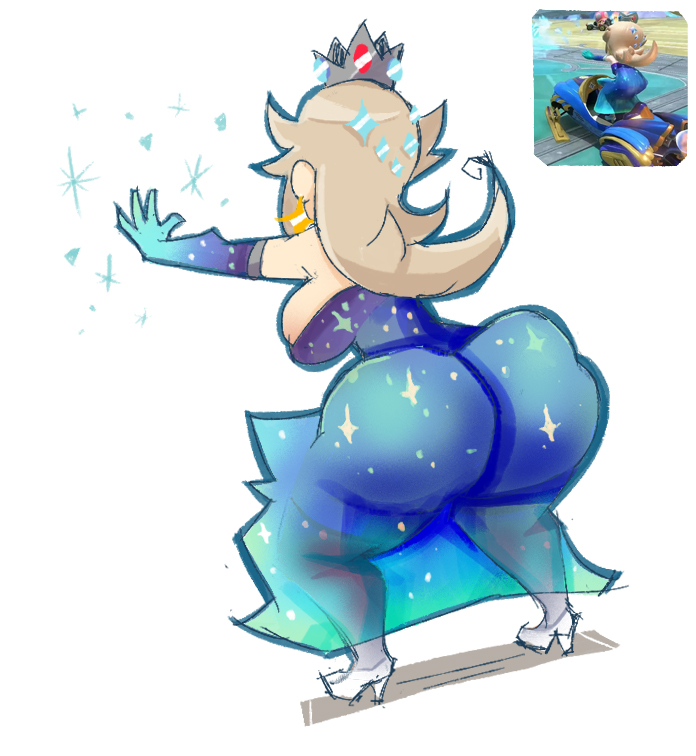 1girls, arms out, ass, bent over, big ass, bubble butt, crystal, demonbloodpal, dress, fat ass, from behind, magic, mario (series), mario kart, mario kart world, nintendo, princess rosalina, princess rosalina (aurora), rear view, reference image, screenshot, solo