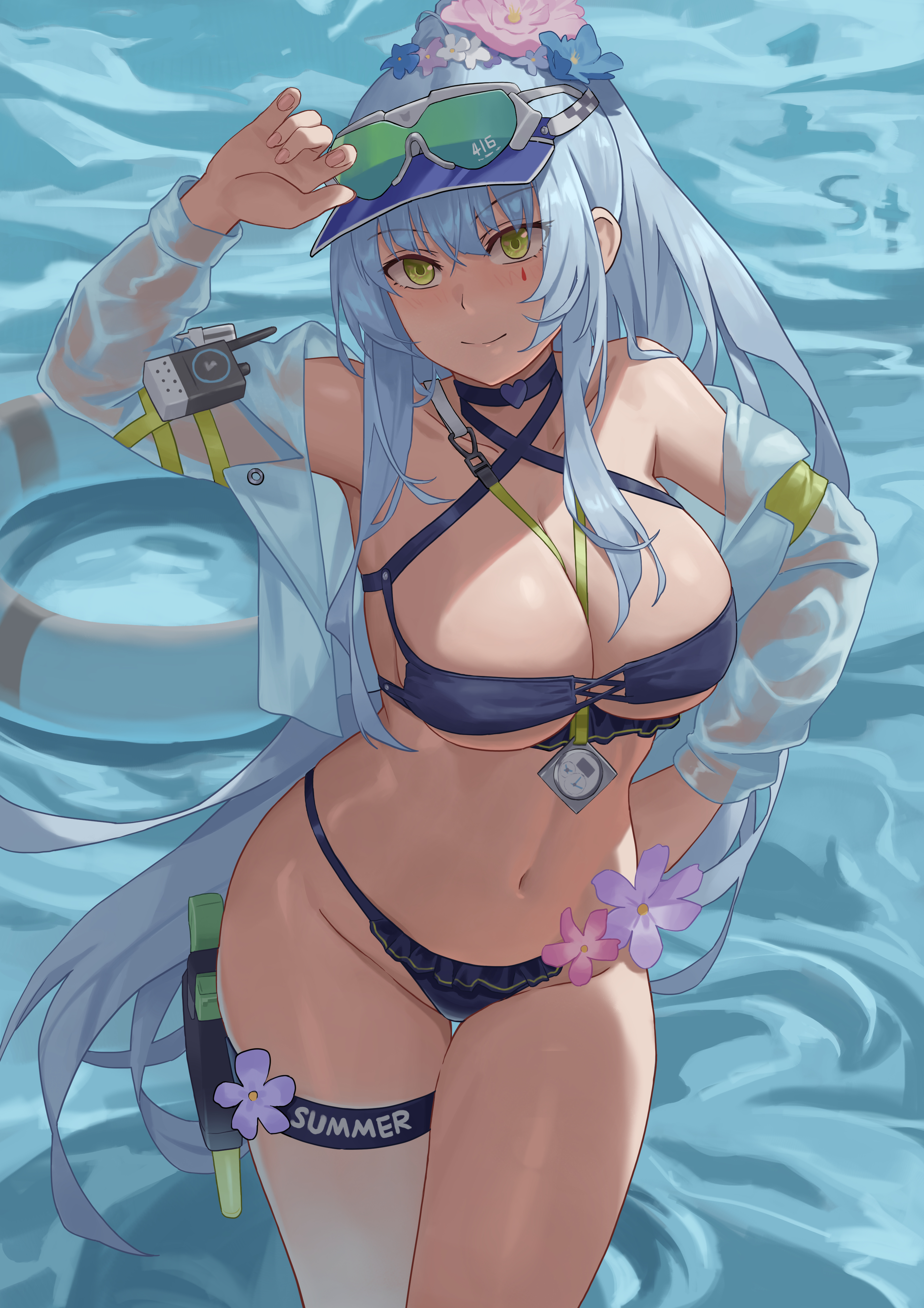 absurdres, aqua-tinted eyewear, bikini, black bikini, blue hair, breasts, commentary, cross-laced bikini, cross-laced clothes, english commentary, facial mark, female, flower, girls' frontline, girls' frontline 2: exilium, green eyes, hair flower, hair ornament, hand on own hip, highres, hk416 (girls' frontline), jacket, klukai (cerulean breaker) (girls' frontline 2), klukai (girls' frontline 2), large breasts, long hair, looking at viewer, navel, necklace between breasts, official alternate costume, ponytail, see-through clothes, see-through jacket, smile, solo, sunai, swimsuit, teardrop facial mark, thigh gap, thigh strap, tinted eyewear, visor cap