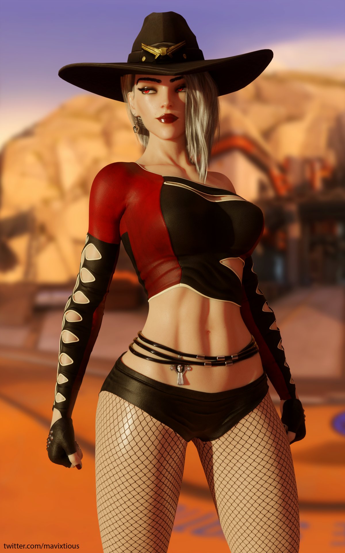 1girls 3d 3d_(artwork) abs ashe_(overwatch) big_breasts blender blizzard_entertainment blonde blonde_hair breasts cleavage cowboy_hat earrings female female_only fishnet_legwear fishnet_pantyhose fishnet_stockings fishnets hat large_breasts mavixtious overwatch red_eyes short_shorts shorts solo solo_female stetson