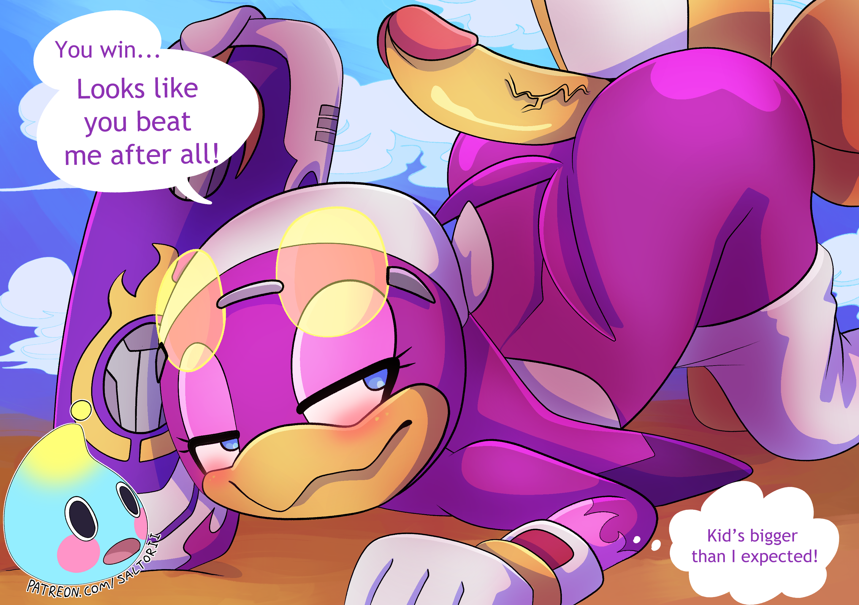 anthro, avian, big penis, bird, canid, canine, dialogue, doggy style, female, fox, furry, hi res, highres, hot dogging, imminent sex, large penis, larger female, male, mammal, outdoors, outside, penis, saltorii, smaller male, sonic (series), sonic riders, tails, tails the fox, wave the swallow