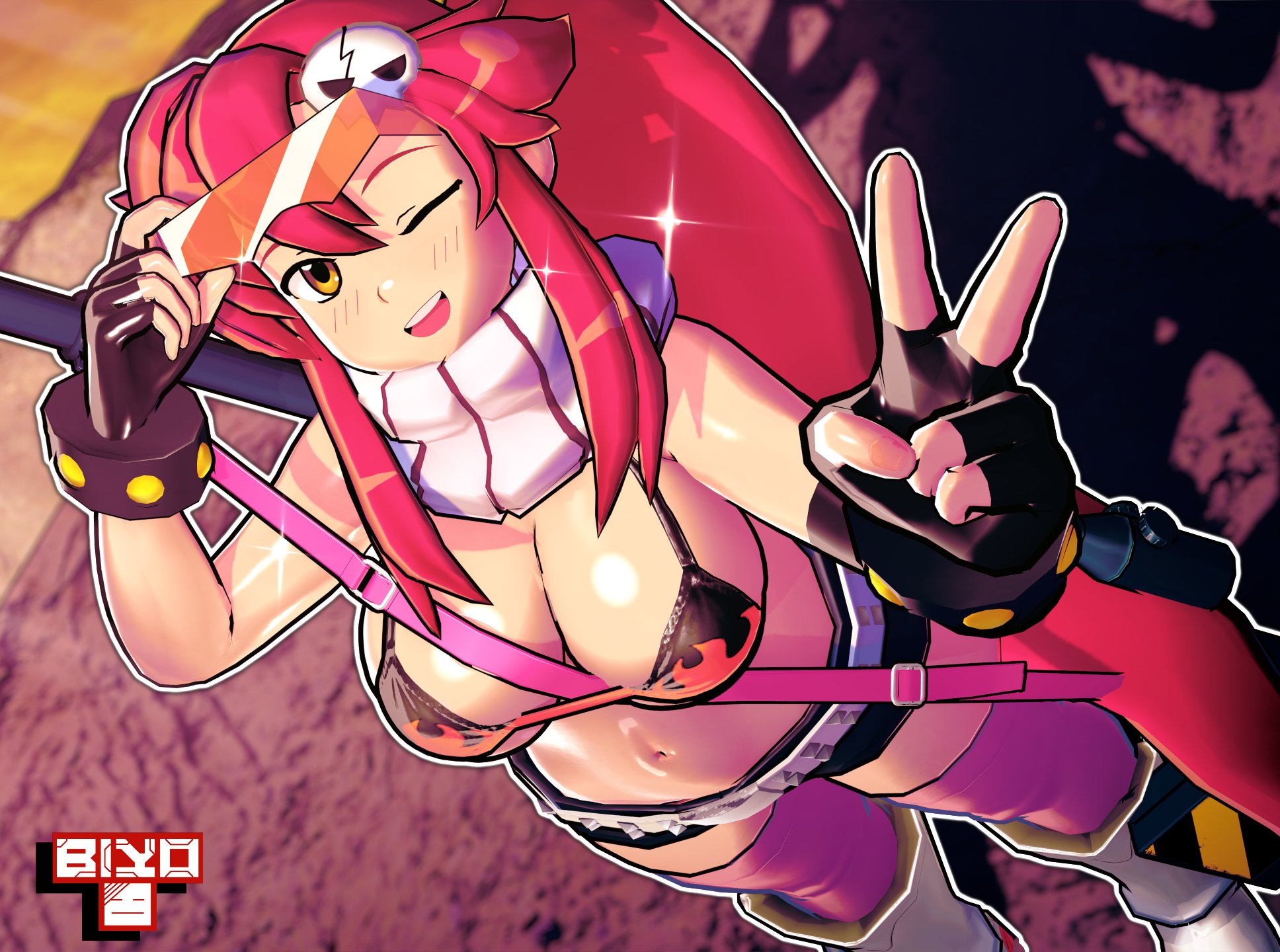 1girls, 3d (artwork), biyo, bra, breasts, female, female only, light skin, light-skinned female, long hair, peace sign, red hair, tengen toppa gurren lagann, yoko littner