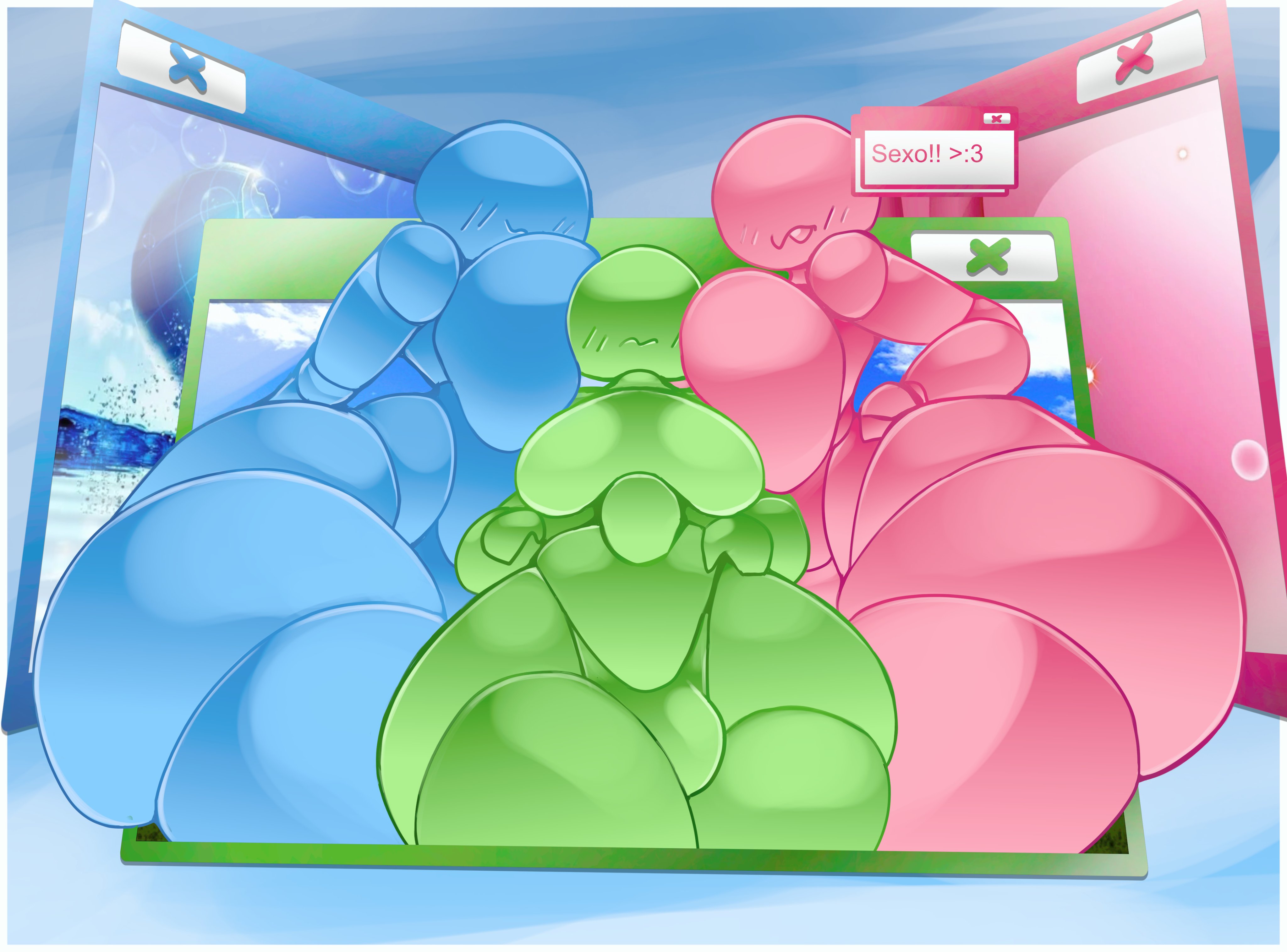 :3, :p, 1futa, 2girls, aero, areola, areolae, blue body, blue skin, blush, breast squeeze, cloud, completely nude, completely nude female, facing viewer, featureless crotch, female, frutiger aero, futanari, glistening, glistening body, gradient body, green body, green panties, green skin, hands behind back, hands on hips, head between breasts, height difference, humanoid, ludicrousspeeds, microsoft, msn, msn messenger, nude, nude female, panties, pink body, pink skin, pressed together, segmented body, smile, text, window, window (computing), windows live messenger
