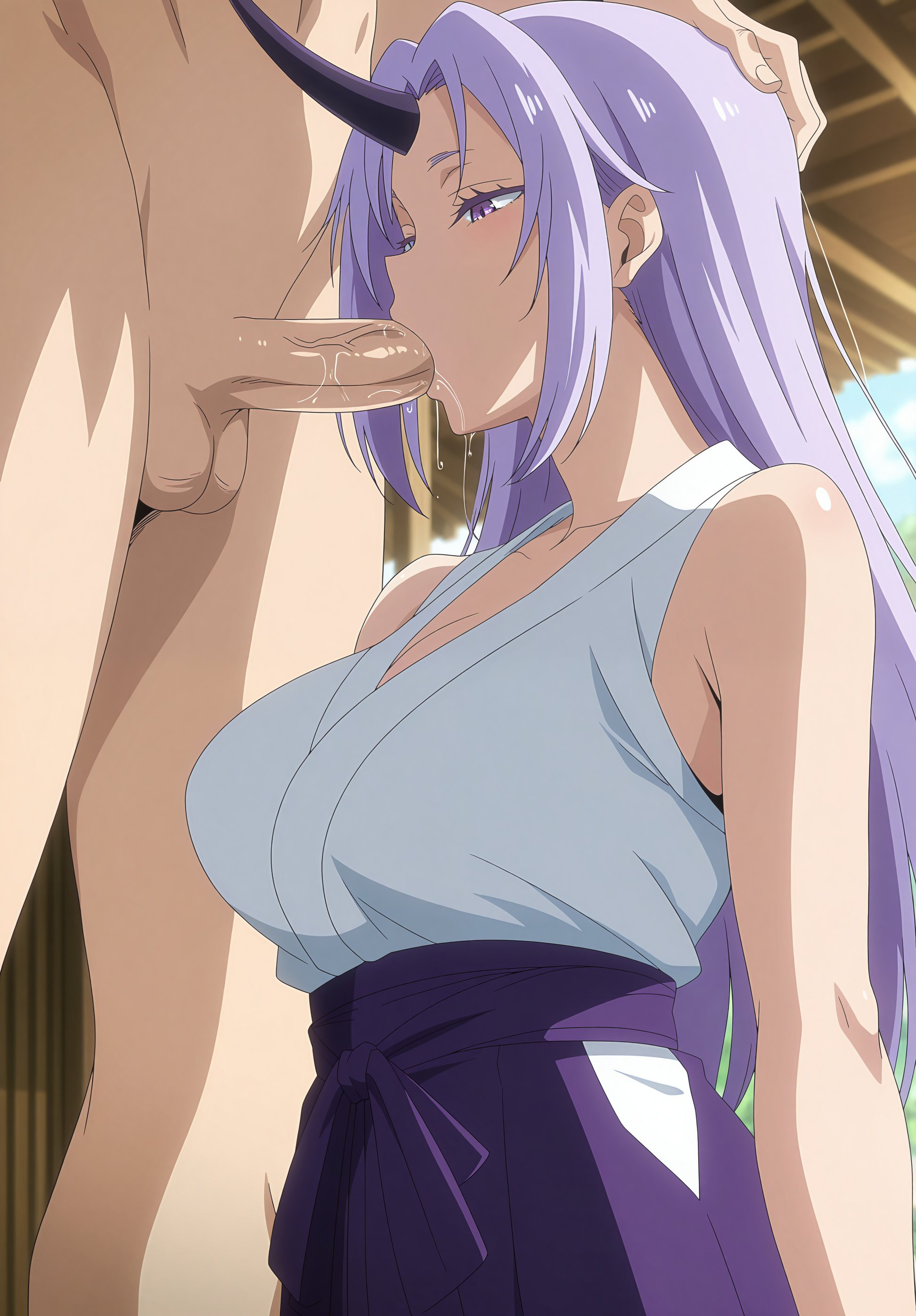1boy, ai generated, blush, fellatio, female, gatehacker, head grab, large breasts, miko, motion lines, penis, purple eyes, purple hair, saliva, shion (tensei shitara slime datta ken), tensei shitara slime datta ken, testicles, that time i got reincarnated as a slime