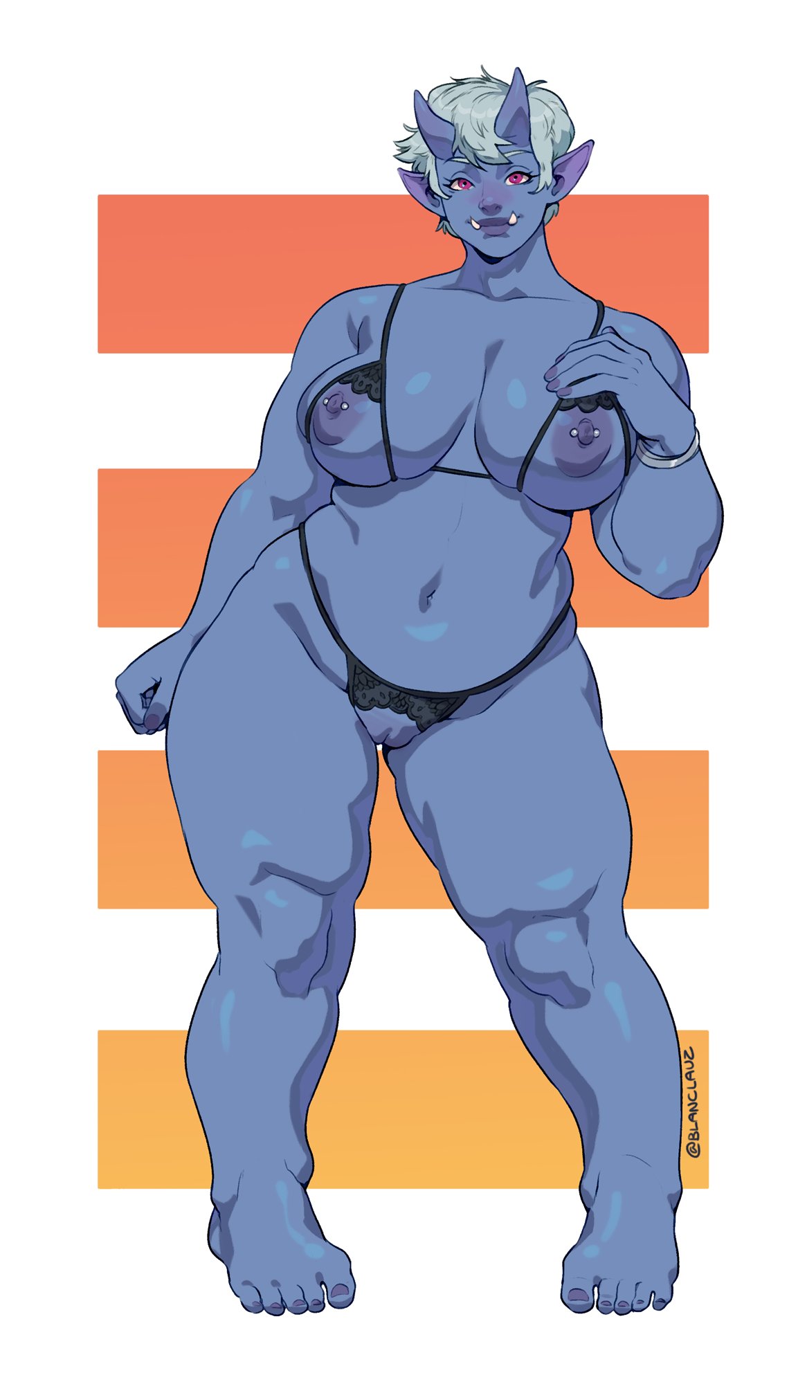 1girls, abstract background, blanclauz, blue body, blue oni, blue skin, breast cutout, breasts, chubby, commission, crotchless, crotchless panties, female, full body, large breasts, lingerie, nipple piercing, nipples, ogre, ogre girl, oni, oni female, oni horns, orc, orc female, original, original character, piercing, plump, pose, pussy, short hair, solo, standing, unnamed character, wide hips