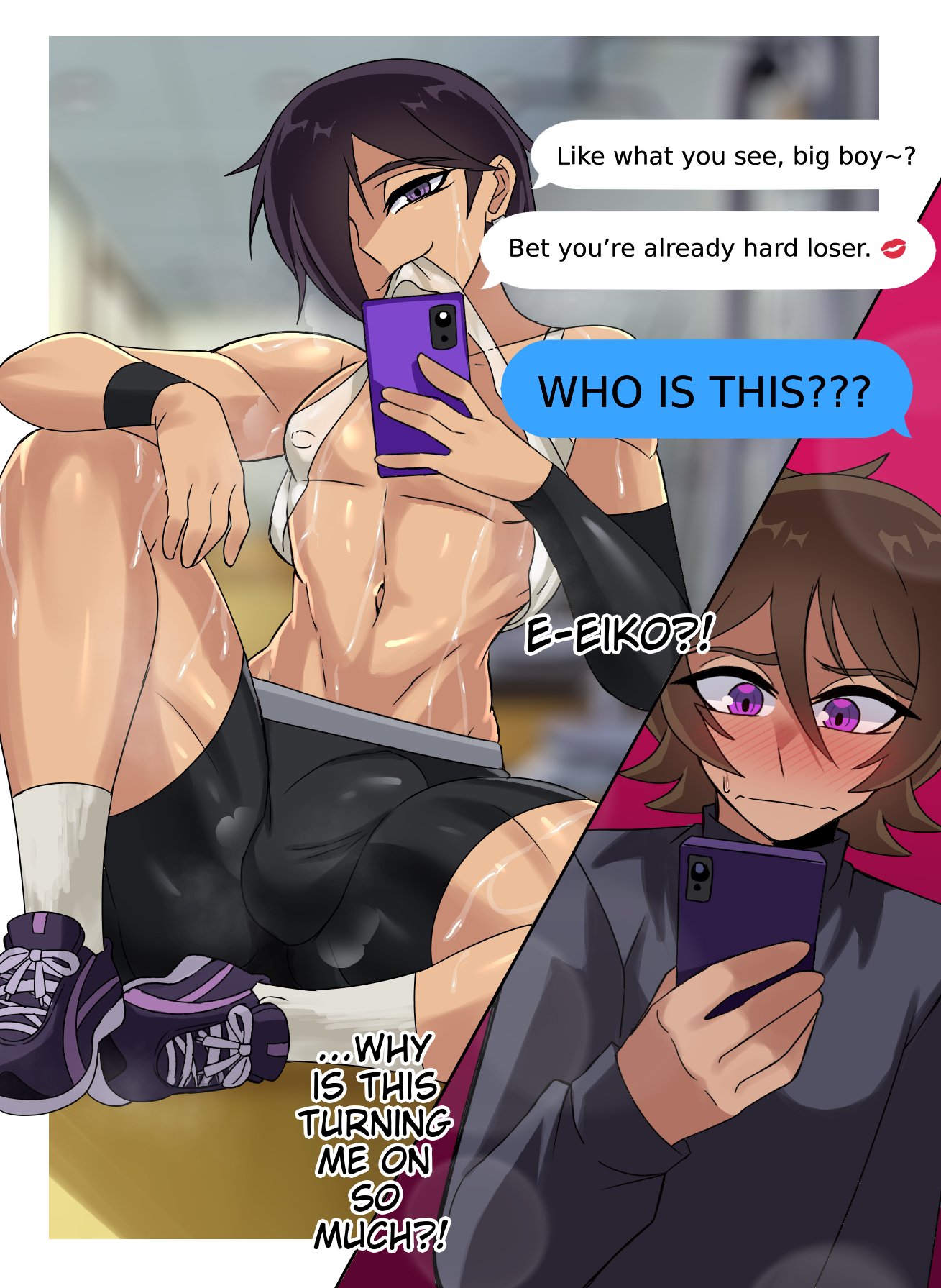2boys, athletic, athletic male, boy, comic, eiko (erasethismail), erasethismail, femboy focus, ftm, ftm crossgender, ftm transformation, gay, gym, gym uniform, male, male focus, male only, male/male, tagme, transformation, twink