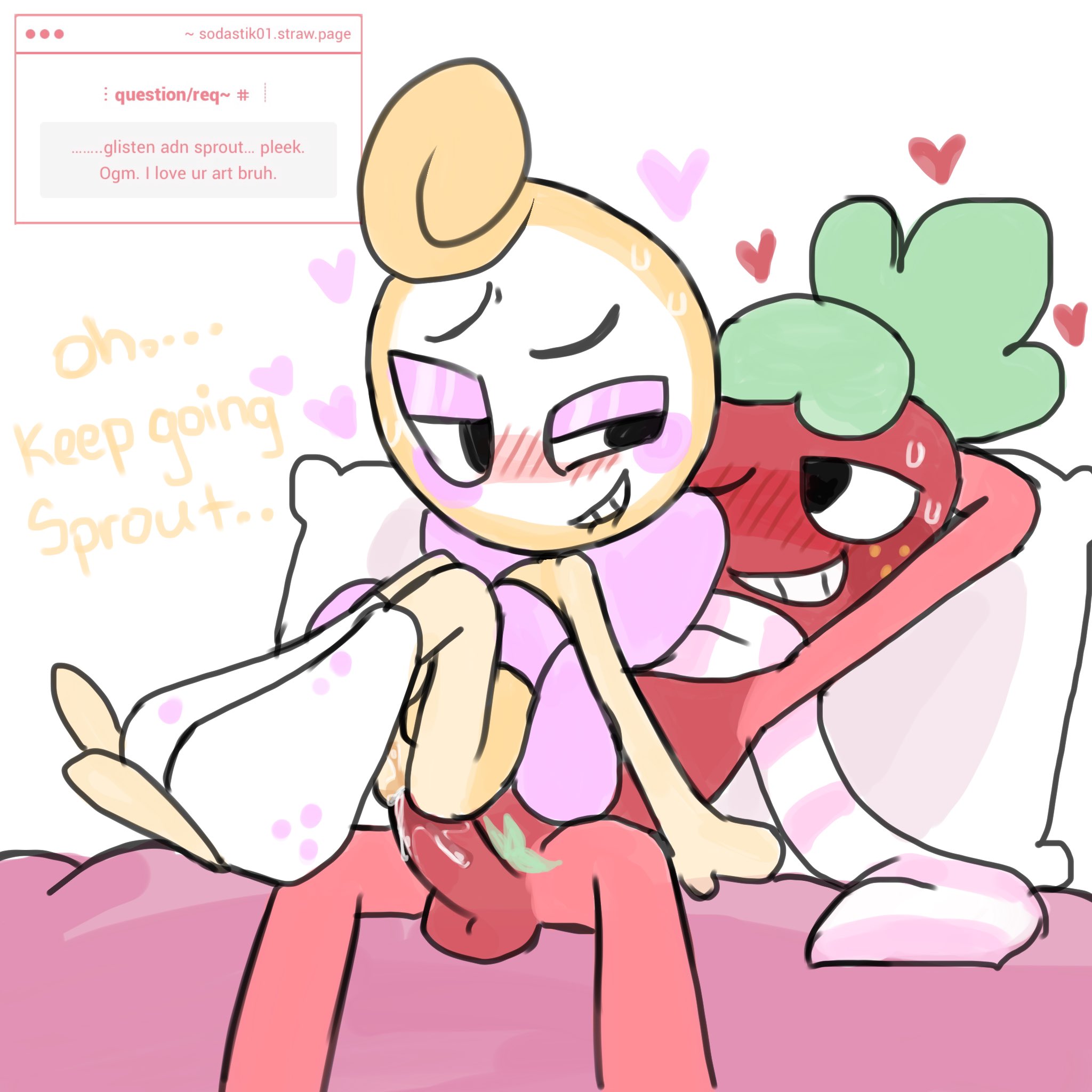 anal, anal penetration, blush lines, blushing, dandy's world, dandys world, gay sex, glisten (dandy's world), hearts around head, idk what to tag, idk what to tag it, jpg, jpg file, male, male only, sex, sodastik, sprout (dandy's world), sweat, tagme
