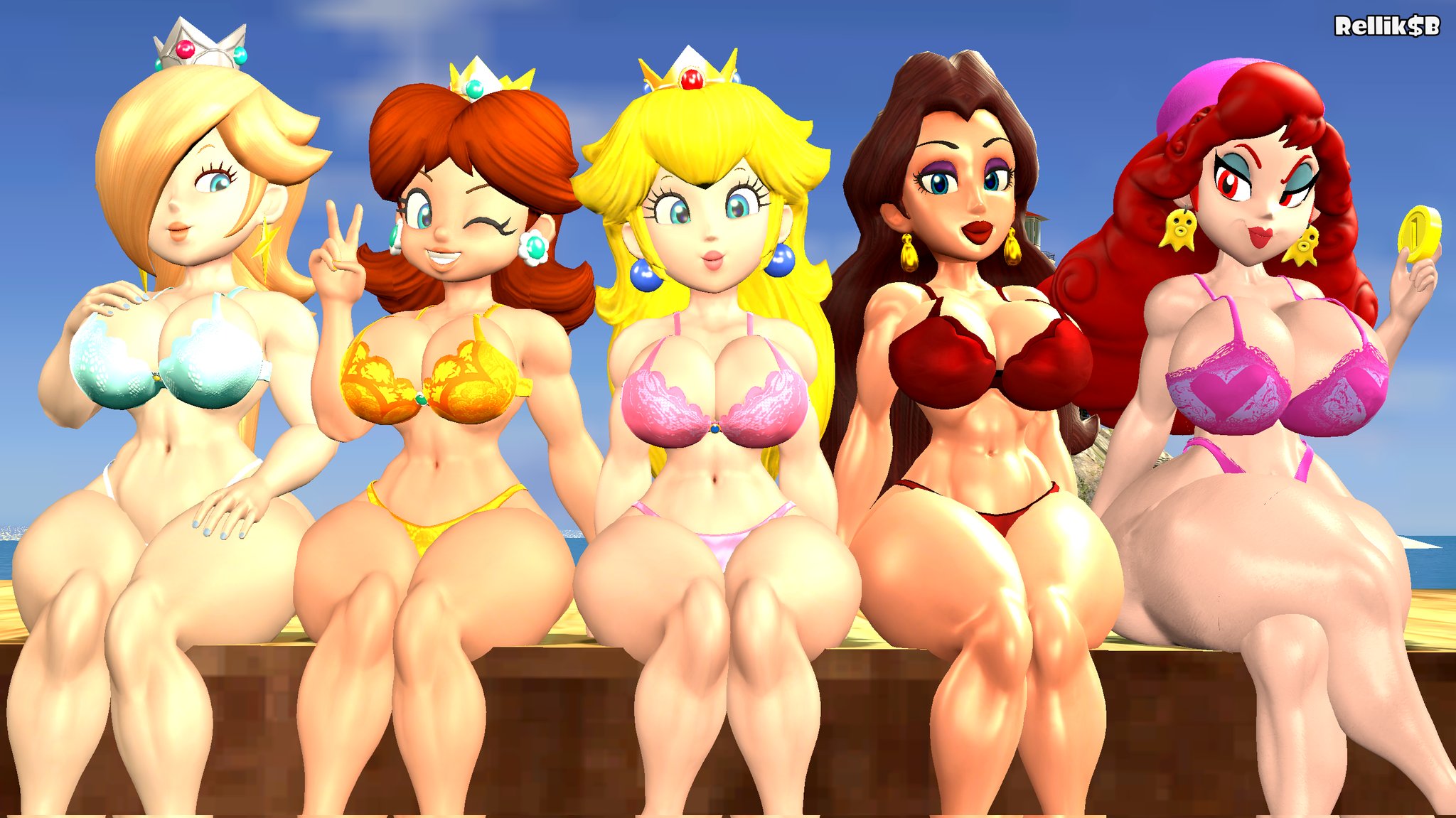 3d, 3d (artwork), 5girls, artist name, bandana, big breasts, big thighs, blonde hair, blue eyes, blue eyeshadow, bra, breasts, captain syrup, cleavage, clothed, clothed female, coin, crown, earrings, eyeshadow, female, female only, flower earrings, ginger hair, hair over one eye, half-closed eyes, human, kabalmystic (style), light skin, light-skinned female, lingerie, lips, lipstick, long hair, looking at viewer, mario (series), multiple females, multiple girls, nintendo, non-nude, one eye closed, panties, pauline, peace sign, pink lipstick, pinup, platinum blonde hair, princess daisy, princess peach, princess rosalina, purple eyeshadow, red eyes, red hair, red lipstick, relliksb, shoulder length hair, sitting, smile, star earrings, tan skin, tan-skinned female, teardrop earrings, thick, thick hips, thick thighs, v sign, wario (series), wario land, wide hips, wink