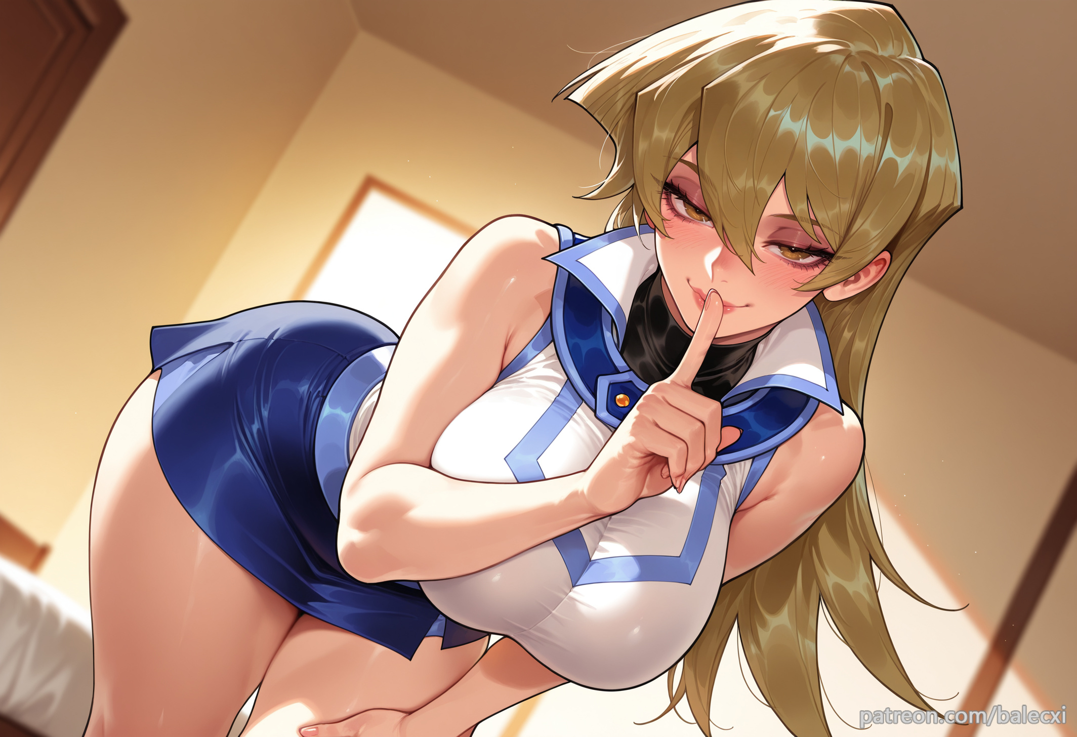 ai generated, alexis rhodes, balecxi, bare shoulders, blonde hair, blue skirt, duel academy uniform (yu-gi-oh! gx), female, finger to mouth, hair between eyes, indoors, large breasts, long hair, looking at viewer, patreon username, shirt, shushing, sleeveless, smile, solo, tenjouin asuka, thighs, web address, yu-gi-oh!, yu-gi-oh! gx