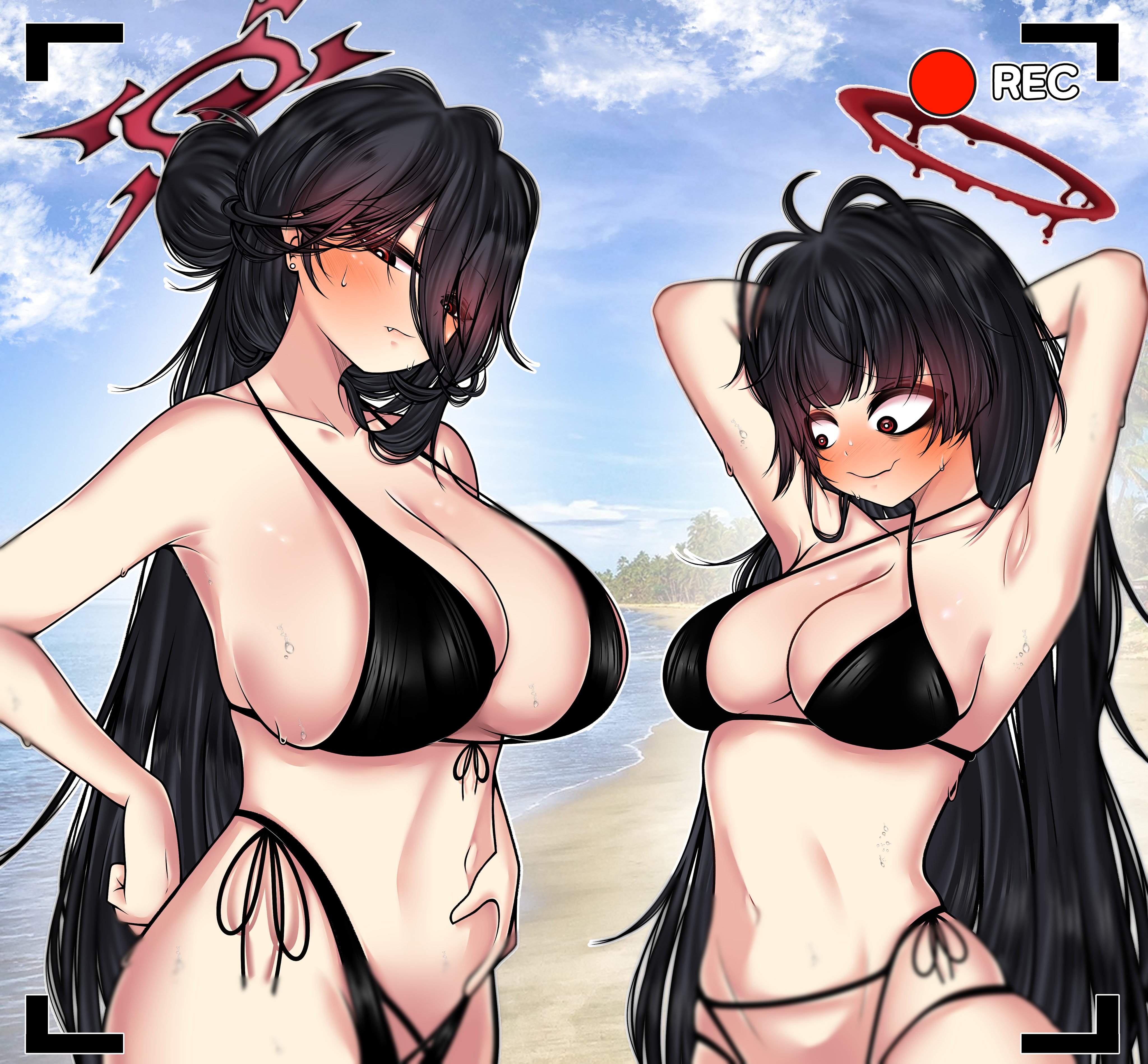 absurdres, bare shoulders, bikini, black bikini, black hair, black wings, blue archive, blush, breasts, cleavage, collarbone, commentary, ear piercing, front-tie bikini top, front-tie top, groin, hair between eyes, hair bun, hair ornament, halo, hasumi (blue archive), hasumi (swimsuit) (blue archive), highres, huge breasts, kin bbum, large breasts, long hair, long hair between eyes, looking at viewer, navel, no wings, oerba yun fang, official alternate costume, official alternate hairstyle, piercing, red eyes, red halo, side ponytail, side-tie bikini bottom, sideboob, single side bun, stomach, swimsuit, symbol-only commentary, thighs, translation request, tsurugi (blue archive), tsurugi (swimsuit) (blue archive), very long hair, wings