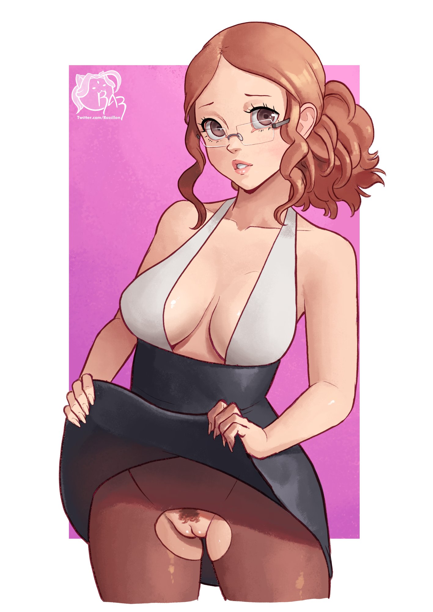 1girls, atlus, brown eyes, brown hair, clothes lift, crotchless, crotchless pantyhose, female, female only, glasses, haru okumura, hi res, looking at viewer, no panties, no panties under pantyhose, pantyhose, persona, persona 5, pubic hair, pussy, razillon, skirt, skirt lift, skirt lifted by self, solo, tied hair