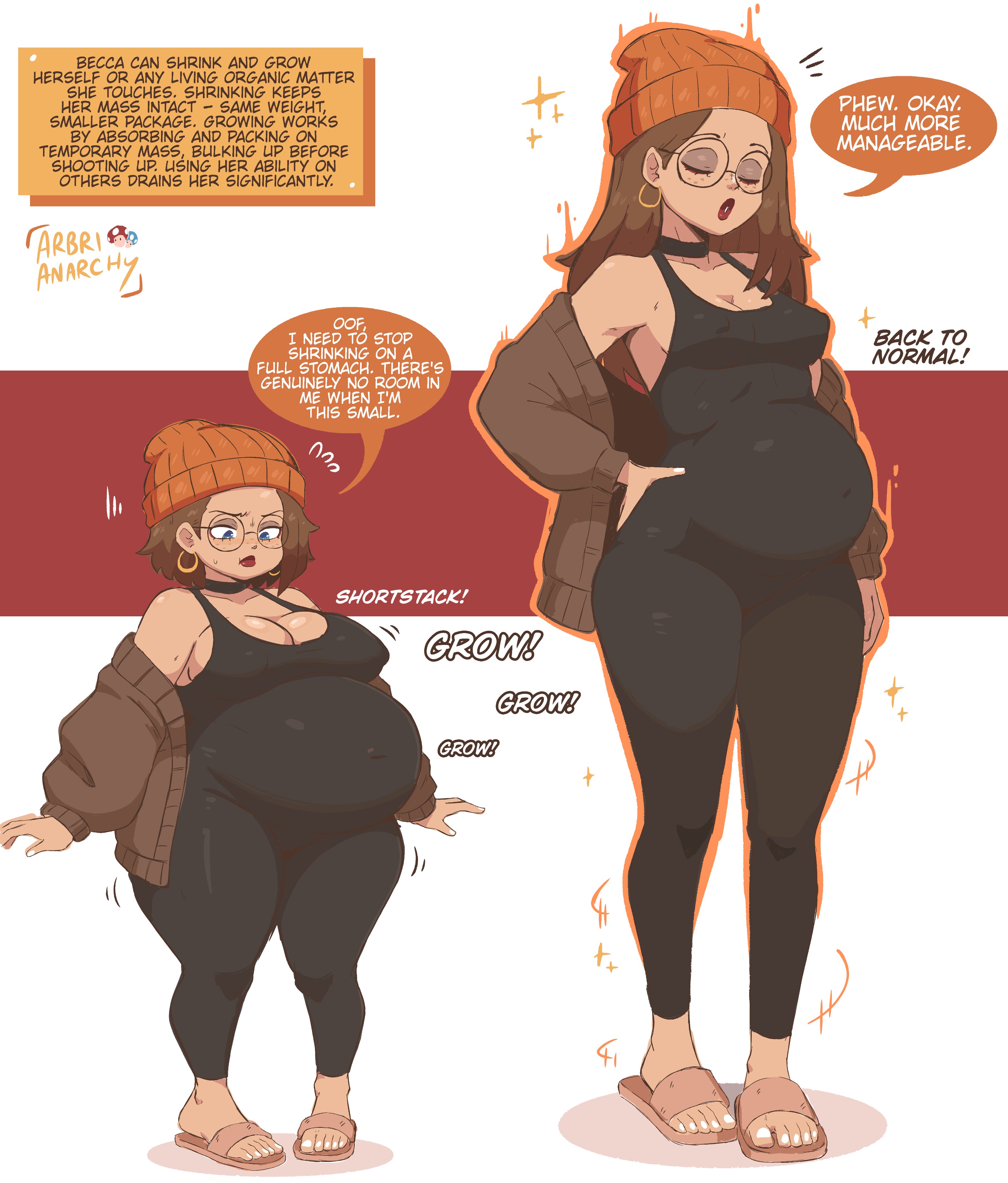 1girls, arbrianarchy, glasses, growth, hand on hip, oc, original character, powers, shortstack, shortstackification, stuffed, stuffed belly, tagme
