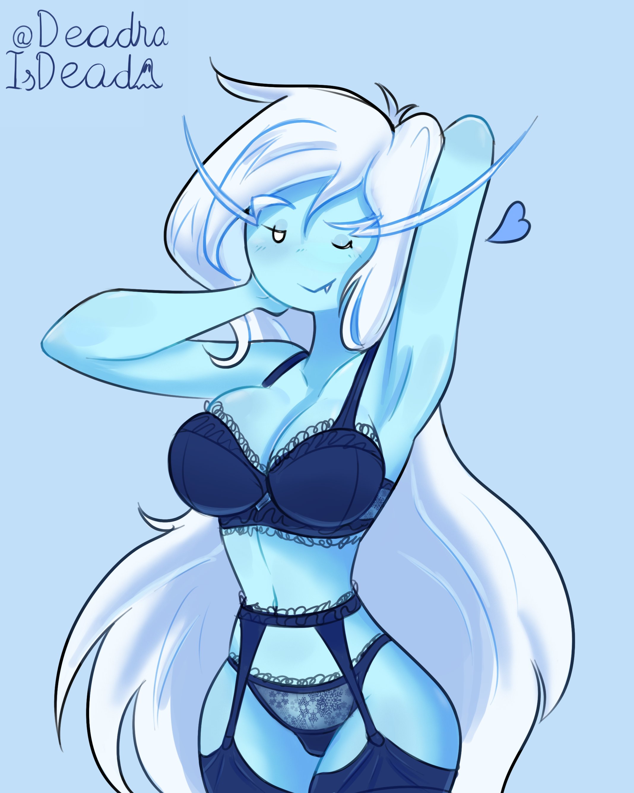 adventure time, blue background, blue skin, deadraisdead, hand on cheek, ice queen (adventure time), lingerie, mob face, smile, smiling, white hair