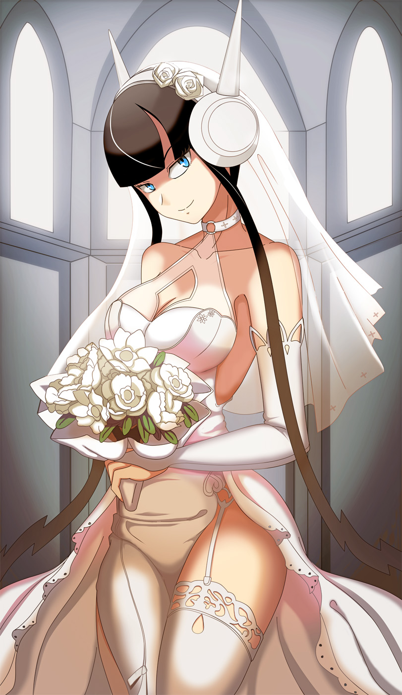 1girls, asymmetrical legwear, big breasts, black hair, blue eyes, breasts, bride, choker, detached sleeves, elesa (pokemon bw2), elesa (pokemon), female, garter straps, gym leader, headphones, human, looking at viewer, nintendo, no eyewear, pokemon, pokemon bw2, solo, thighhighs, vivivoovoo, wedding dress, wedding veil
