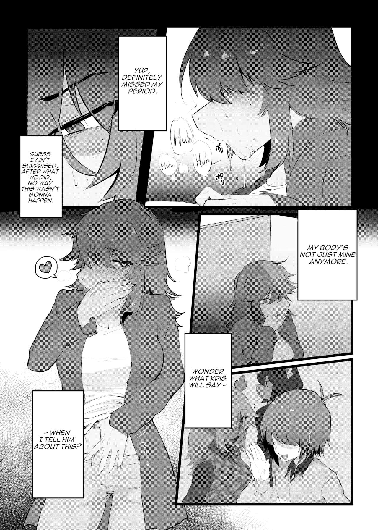 breasts, catti (deltarune), deltarune, dialogue, dialogue bubble, doujinshi, doujinshi page, english text, kris (deltarune), last page, manga, manga page, moaning, noelle holiday, page 26, saliva, ss komu, susie (deltarune), translated