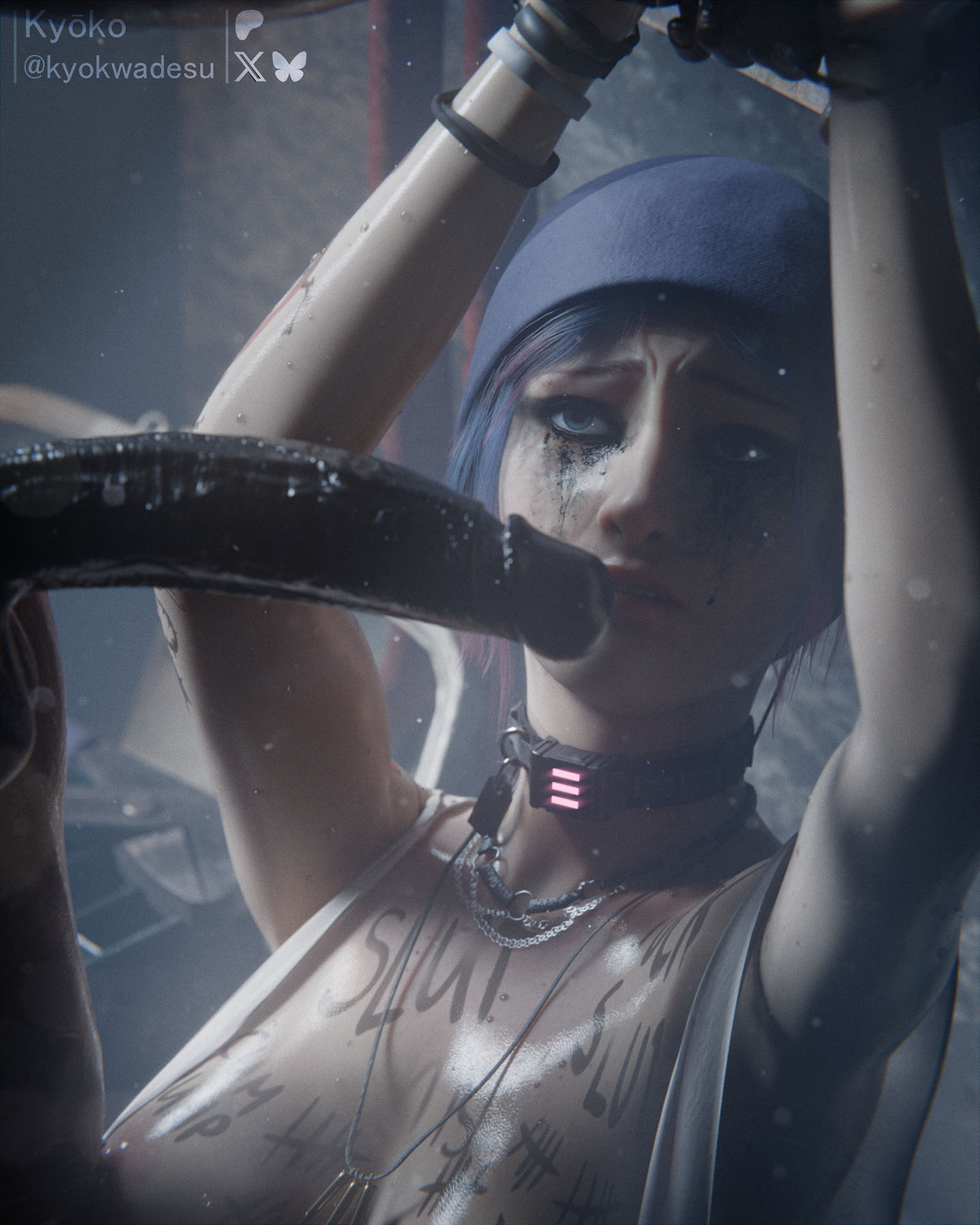 1boy, 1girls, 2026, 3d, areolae, armpits, beanie, blue hair, body writing, bondage, bound, bound wrists, breasts, breasts out, chloe price, collar, completely nude, detailed background, dubious consent, duo, dyed hair, dyke, eyeshadow, female, hairless armpits, hands tied, hands tied above head, indoors, interracial, kyokwadesu, lesbian, lesbian with male, life is strange, locked collar, makeup, makeup running, male, medium breasts, necklace, nipples, orientation play, penis over face, rape, ruined makeup, skin tone difference, slave collar, straight