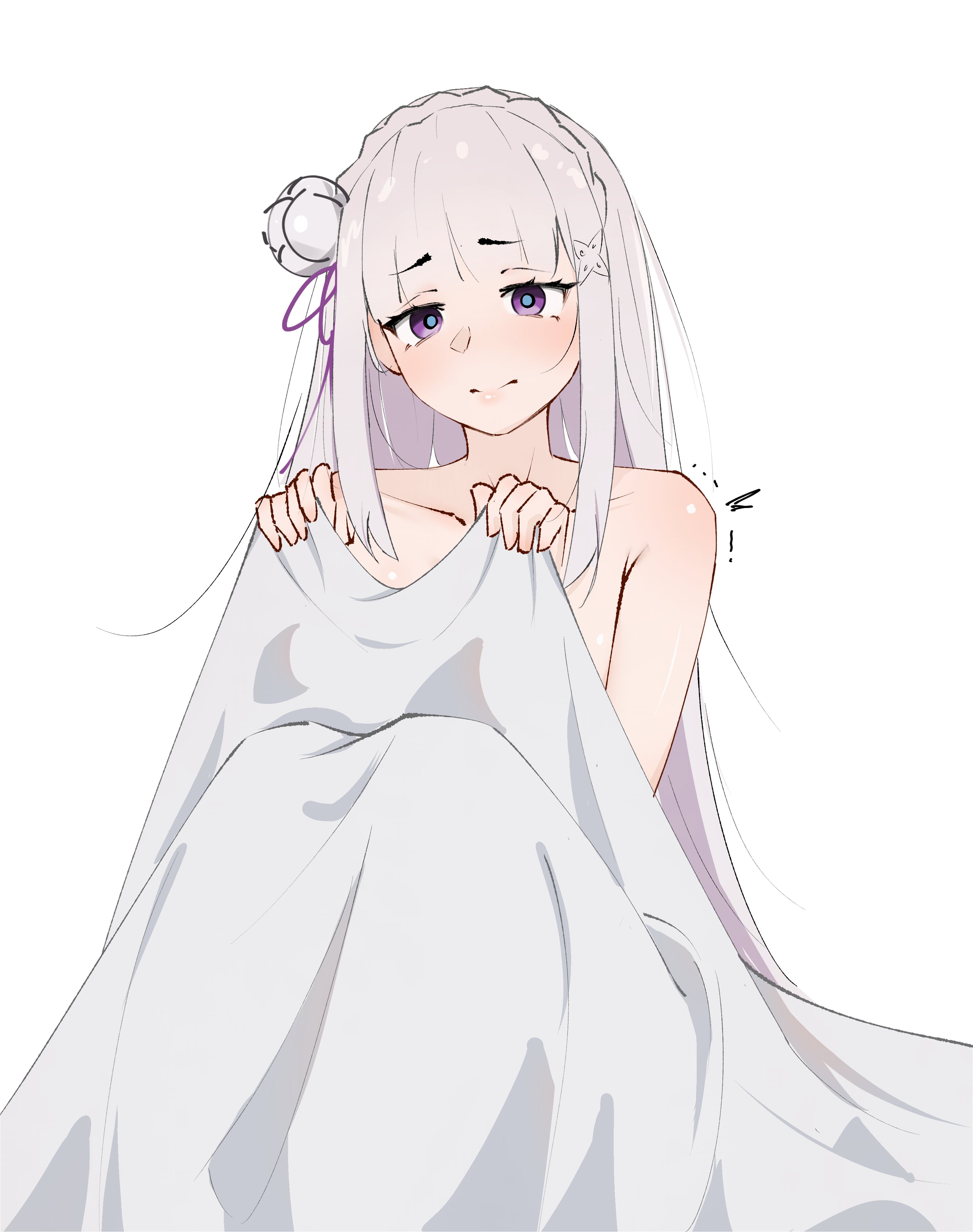 1girls, babywipes, blanket, blanket grab, blanket only, covering breasts, elf, elf ears, elf female, emilia (re:zero), exposed shoulders, naked, naked female, nude, nude female, on bed, purple eyes, re:zero kara hajimeru isekai seikatsu, silver hair, solo, submissive female, undressed, white background