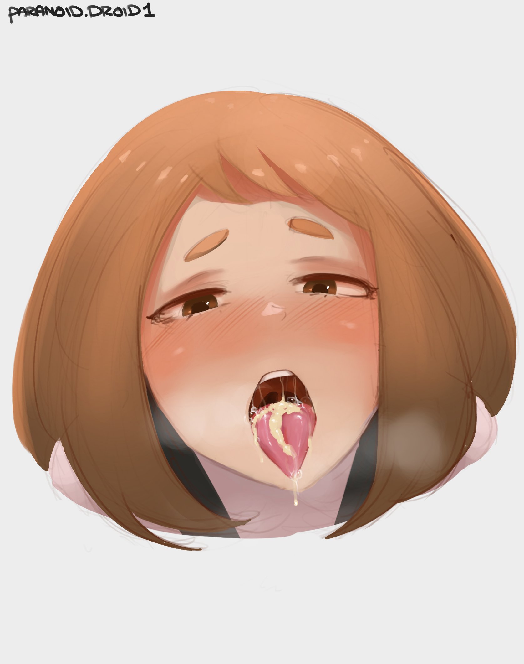 1girls, after ejaculation, after fellatio, after oral, blush, blushing, brown eyes, brown hair, cum, cum in mouth, cum on tongue, female, femsub, half-closed eyes, heavy breathing, light brown hair, light skin, light-skinned female, my hero academia, ochako uraraka, open mouth, oral, oral creampie, oral cumshot, paranoiddroid, saliva, saliva string, saliva trail, short hair, shounen jump, tongue, tongue out, uvula, yellow cum