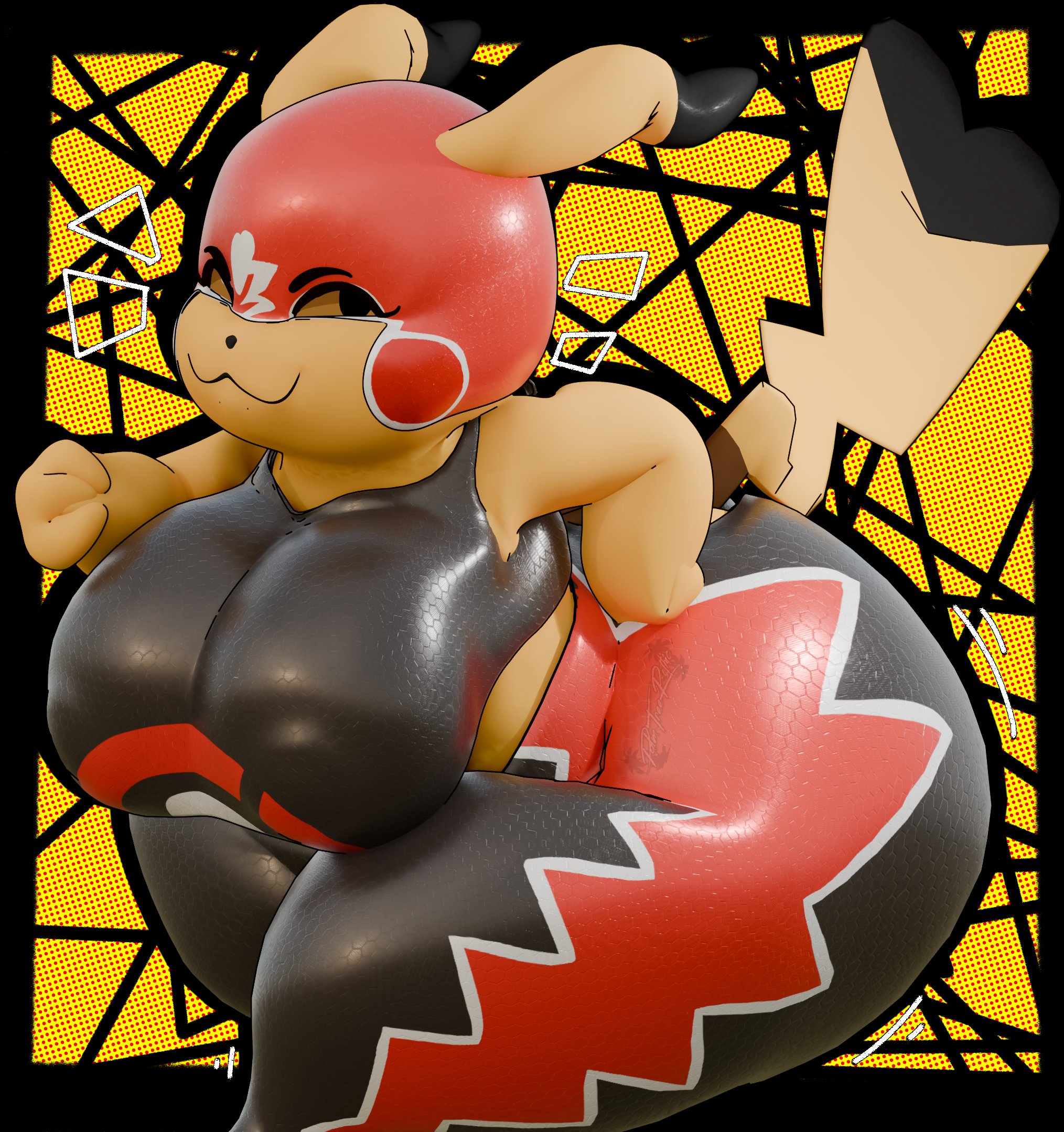 3d, anaroth, cosplay pikachu, huge ass, huge breasts, palmtreerothic, pikachu, pikachu libre, pokemon, pokemon (species), shortstack, thick thighs