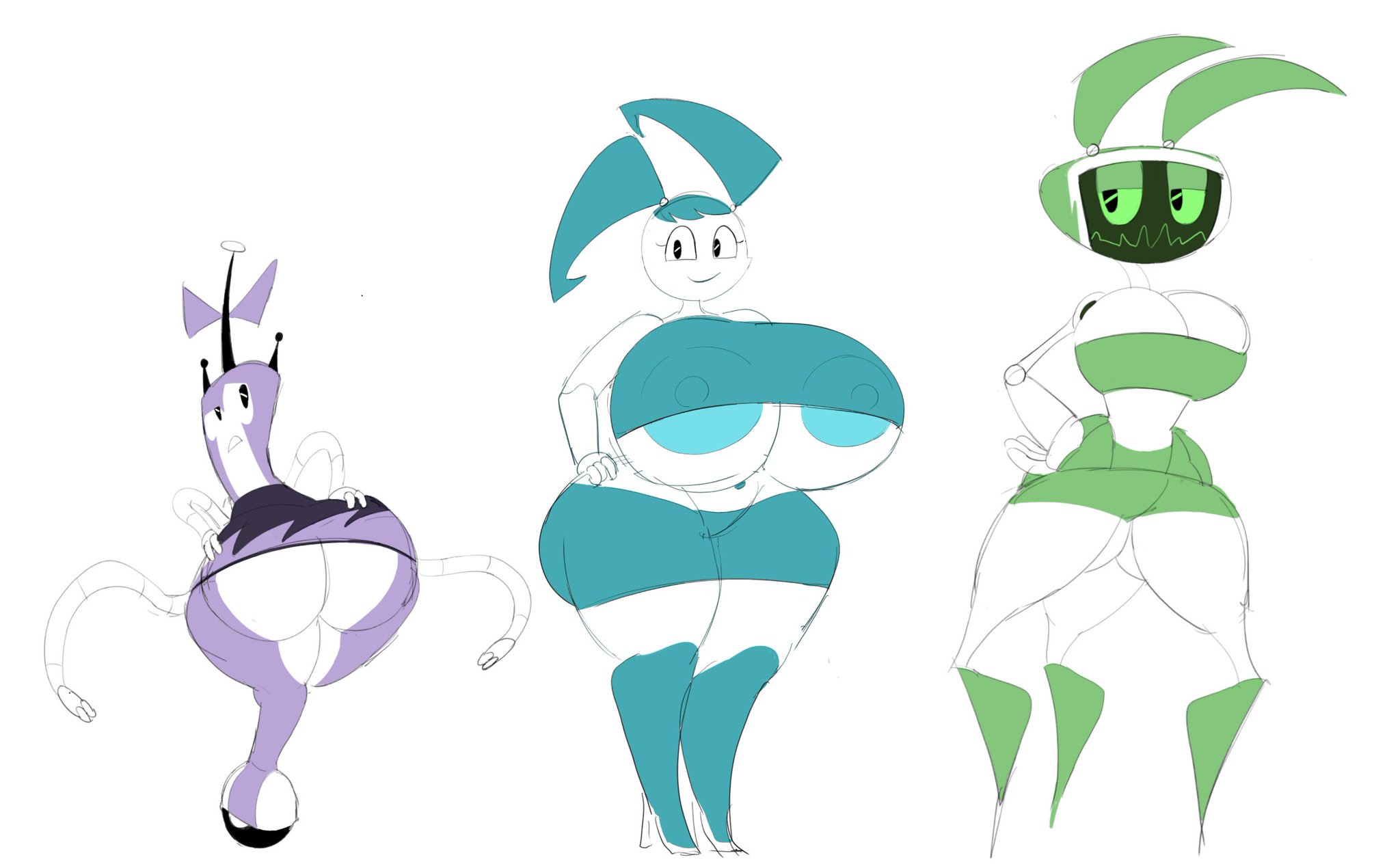 3 legs, 3girls, 4 arms, age difference, allagainstyou, alternate ass size, alternate body type, ass bigger than head, big ass, big breasts, big butt, big nipples, big thighs, bigger bottom, bigger breasts, blue hair, breasts, green body, hands on ass, hands on hips, hands on own ass, head bigger than ass, height difference, ill fitting clothing, jenny wakeman, multiple girls, multiple limbs, my life as a teenage robot, nicktoons, no legs, non-mammal breasts, robot girl, sisters, size comparison, soft ass, tagme, trio, white body, xj-4, xj-6, xj-9