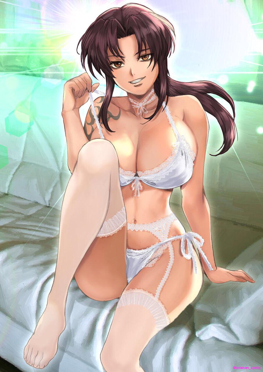 1girls, black lagoon, female, female only, revy, short hair, solo, tagme, white bra, white panties