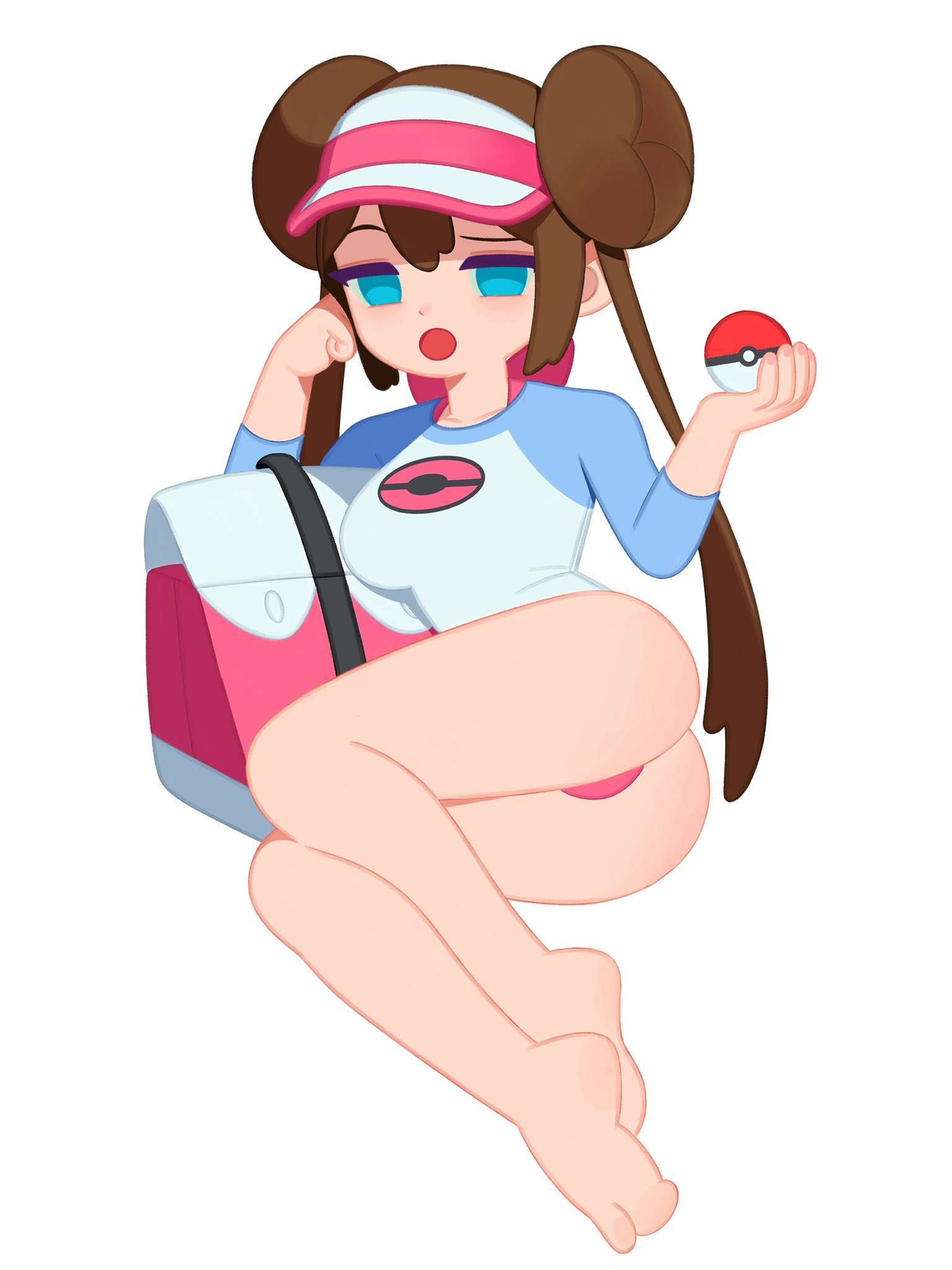 1girls, 3:4, ass, bare legs, barefoot, blue eyes, brown hair, eyebrows raised, female, female only, hat, hi res, highres, hochihochiha, holding pokeball, long hair, long sleeves, looking at viewer, lying, nintendo, no pants, open mouth, panties, pink panties, pokemon, presenting, presenting hindquarters, rosa (pokemon), shirt, simple background, solo, thong, white background