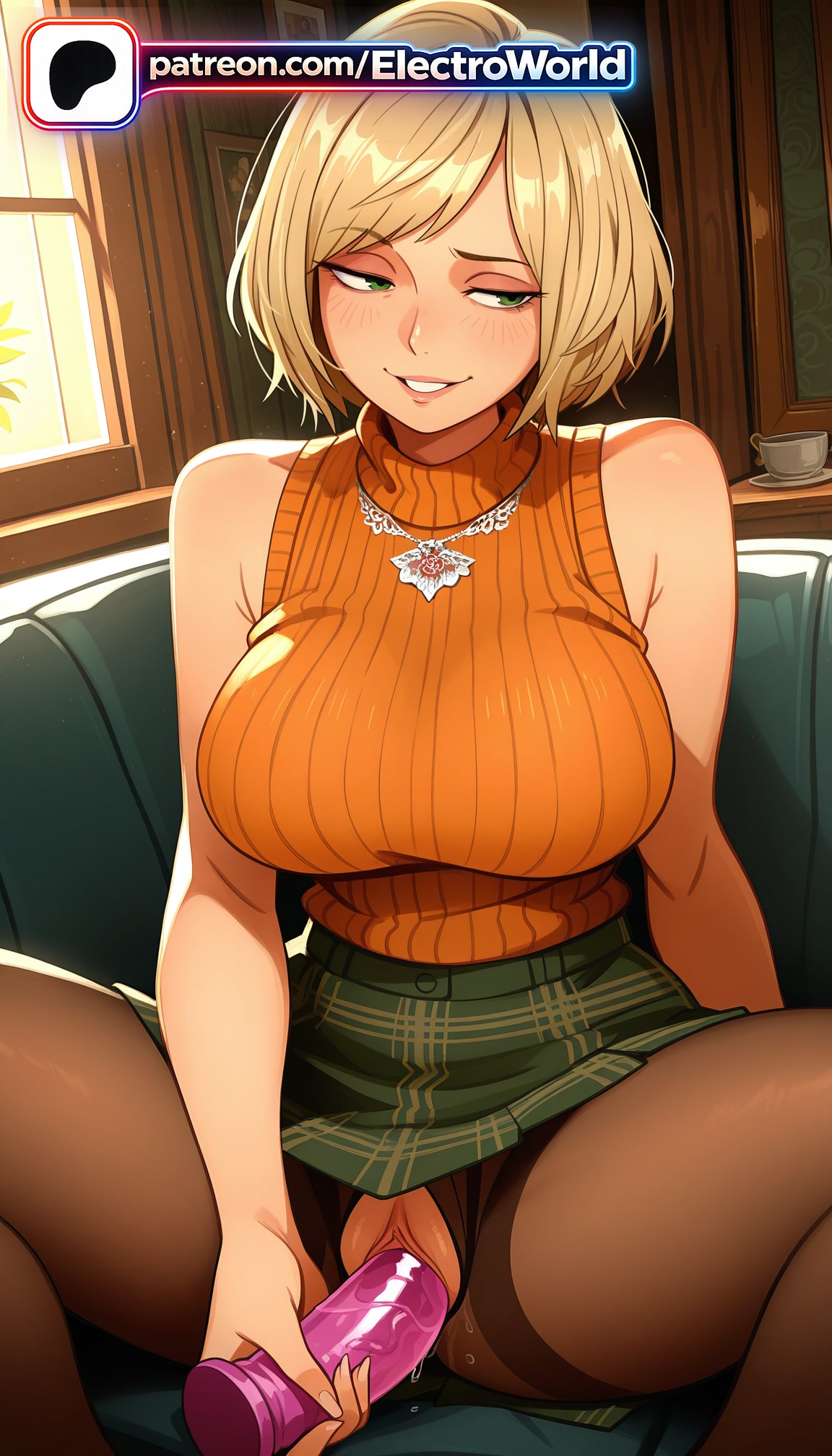 1girls, 2026, ai generated, artist name, ashley graham, bare shoulders, blonde hair, blush, breasts, bust, capcom, chest, clitoral hood, dildo, electroworld, exposed pussy, female, green eyes, hi res, high quality, high resolution, highres, indoors, juicy pussy, legs apart, legs spread, masturbation, object insertion, open legs, orange shirt, pantyhose, patreon, patreon username, pussy, resident evil, resident evil 4, ribbed sweater, sex toy, short hair, sleeveless, smile, solo, splayed legs, spread legs, stable diffusion, sweater, tight pussy, uncensored, vagina, vibrator, watermark