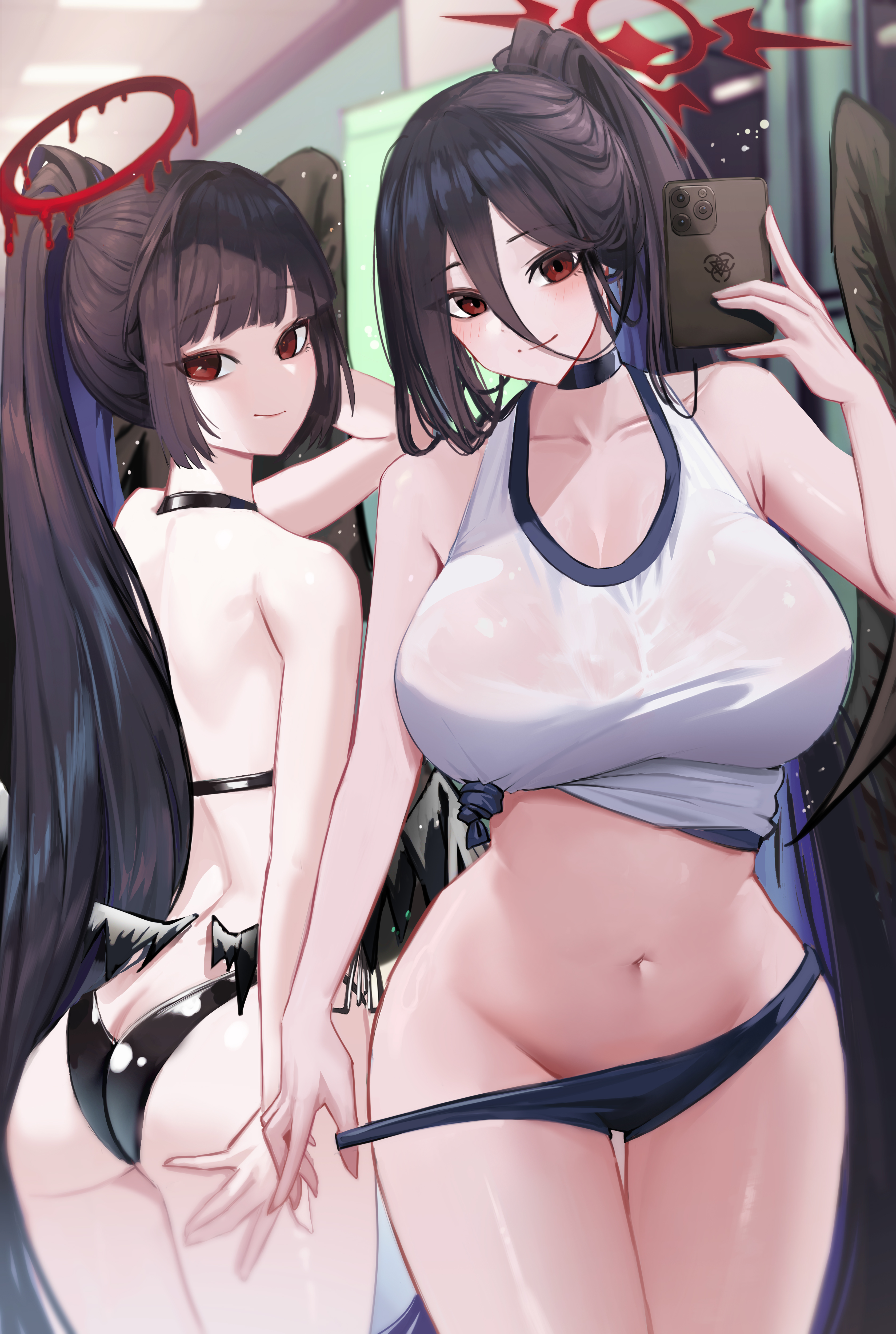 2023, 2girls, absurdres, arm up, ass, backless leotard, bare arms, bare back, bare shoulders, black choker, black hair, black leotard, black panties, black wings, blue archive, blunt bangs, blurry, breasts, bryuni, butt crack, cellphone, choker, closed mouth, commentary request, cowboy shot, depth of field, feathered wings, groin, gym uniform, hair between eyes, halo, hand up, hasumi (blue archive), hasumi (track) (blue archive), high ponytail, highres, holding, holding phone, huge breasts, leotard, long hair, looking at viewer, looking back, low wings, multiple girls, navel, official alternate costume, panties, panty pull, phone, ponytail, pulling own clothes, red eyes, red halo, see-through clothes, selfie, shirt, sidelocks, sleeveless, sleeveless shirt, smartphone, smile, stomach, thighs, tied shirt, tsurugi (blue archive), underwear, very long hair, wet, wet clothes, wet shirt, white shirt, wings