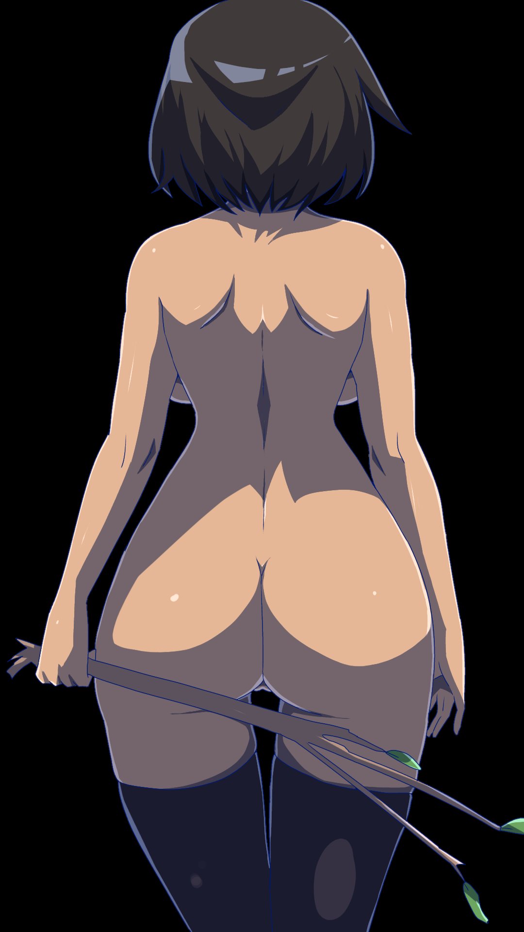 1girls, almost naked, ass, behind view, black hair, black legwear, black thighhighs, brown hair, casual nudity, clothing, female, female frisk, frisk, frisk (undertale), from behind, legs together, pussy, stick, thighhighs, undertale, undertale (series), wide hips, zukafu shimoto