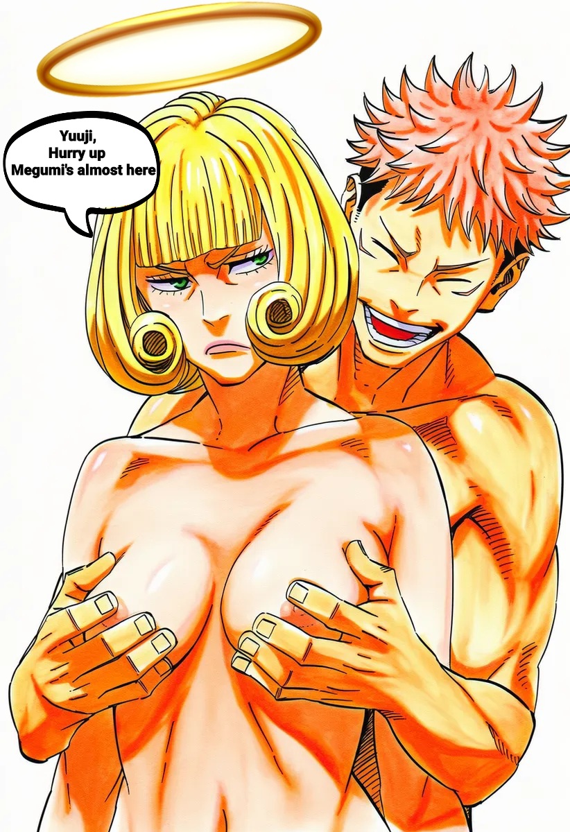 1boy, 1girls, accurate art style, angel, angel girl, annoyed, annoyed expression, background, blonde hair, blonde-haired female, breasts, cheating, cheating female, cheating girlfriend, cheating wife, cucked by friend, cuckold, friends girlfriend, friends wife, green eyes, groping, groping breasts, groping from behind, halo, hana kurusu, happy, happy sex, implied penetration, itadori yuuji, jujutsu kaisen, lips, lipstick, main character, muscular male, netorare, pink hair, pink-haired male, sex from behind, smile, smiling, tits, tits out, tsundere, white background