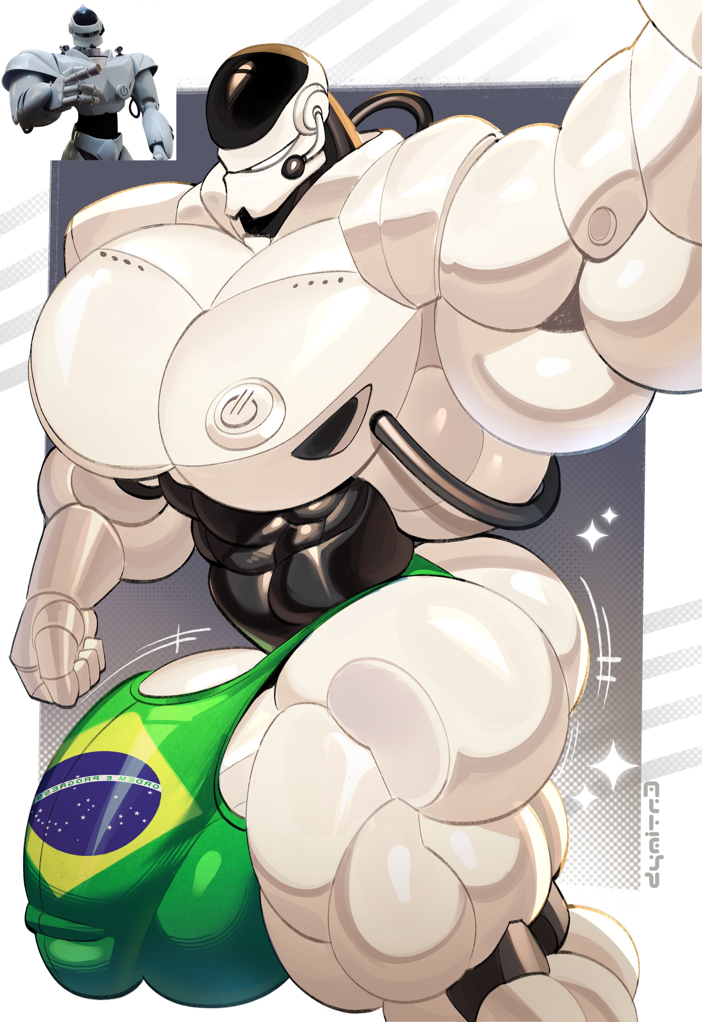 bara, bara tiddies, bara tits, brazilian, brazilian flag, bulge, bulge through clothing, bulge under clothes, character request, dymitr3, huge ass, huge butt, huge cock, reference image, robot, robot boy, robot humanoid