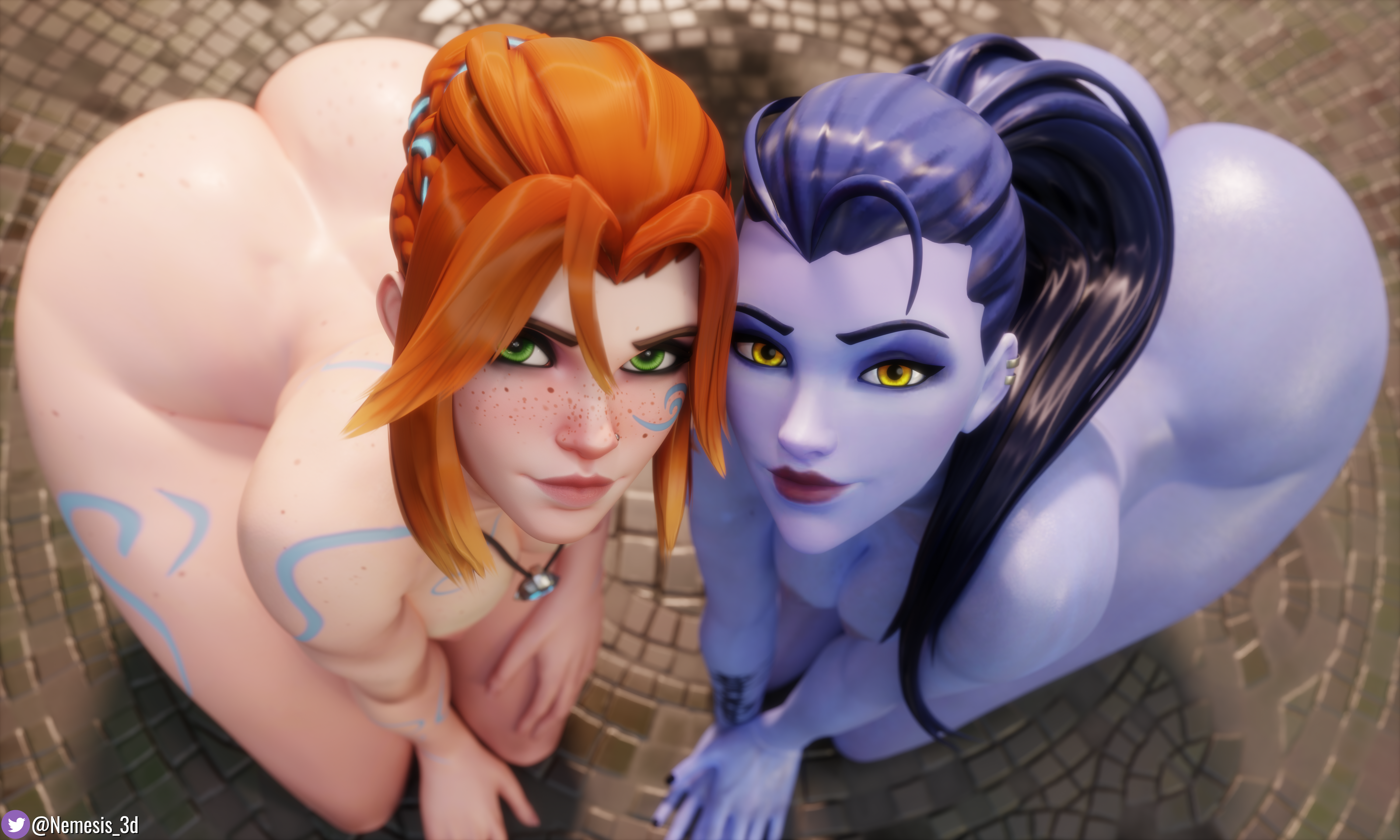 2girls, 3d, absurd res, ass, big ass, female, female only, freja (overwatch), hi res, high angle view, highres, looking up, nemesis 3d, on all fours, overwatch, red hair, sitting, thick thighs, thighs, widowmaker