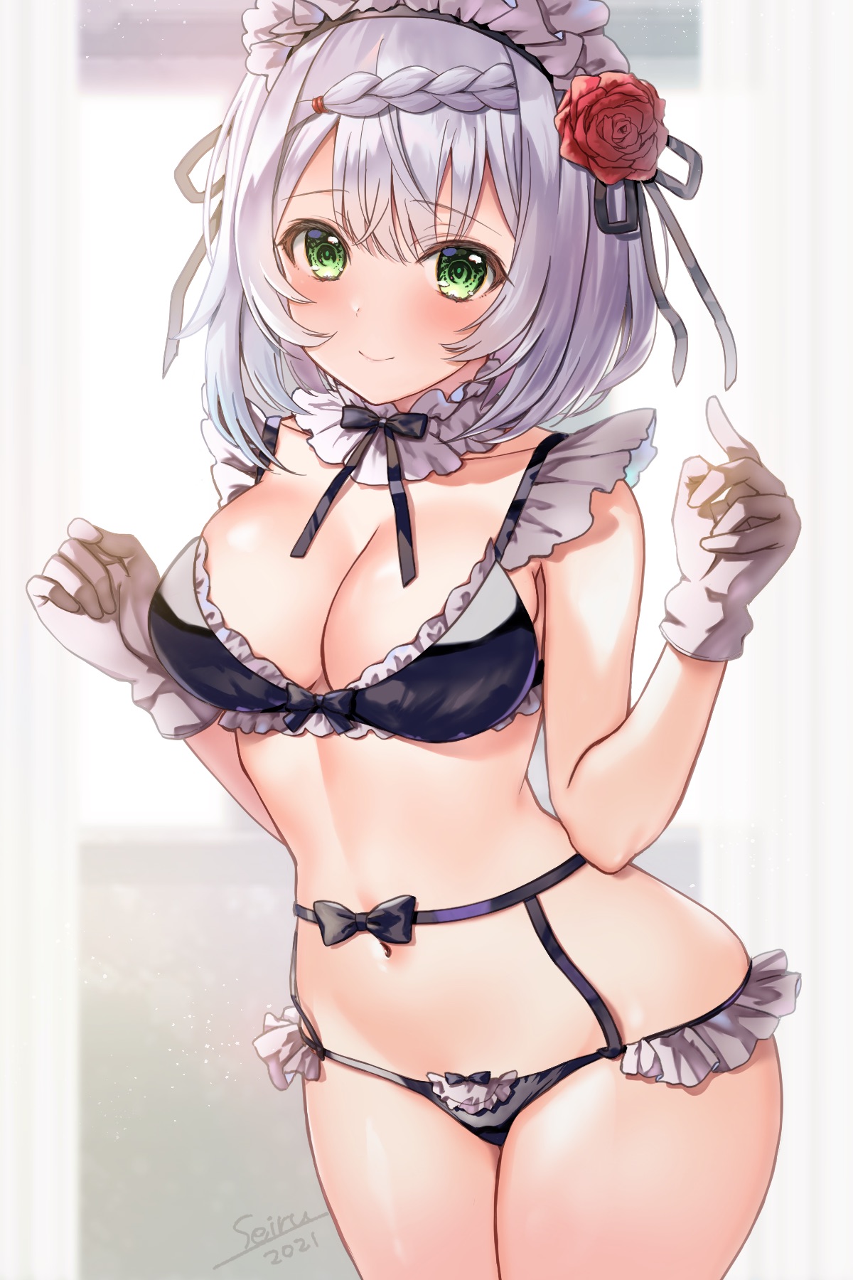 artist name, bangs, black bra, black panties, blush, bra, braid, breasts, cleavage, closed mouth, collarbone, commentary, cowboy shot, eyebrows visible through hair, female, flower, genshin impact, gloves, green eyes, hair flower, hair ornament, hands up, highres, hijiri ruka, large breasts, looking at viewer, maid, maid headdress, medium hair, navel, noelle (genshin impact), panties, rose, seiru (prairie), seiru 775, smile, solo, underwear, white gloves, white headwear