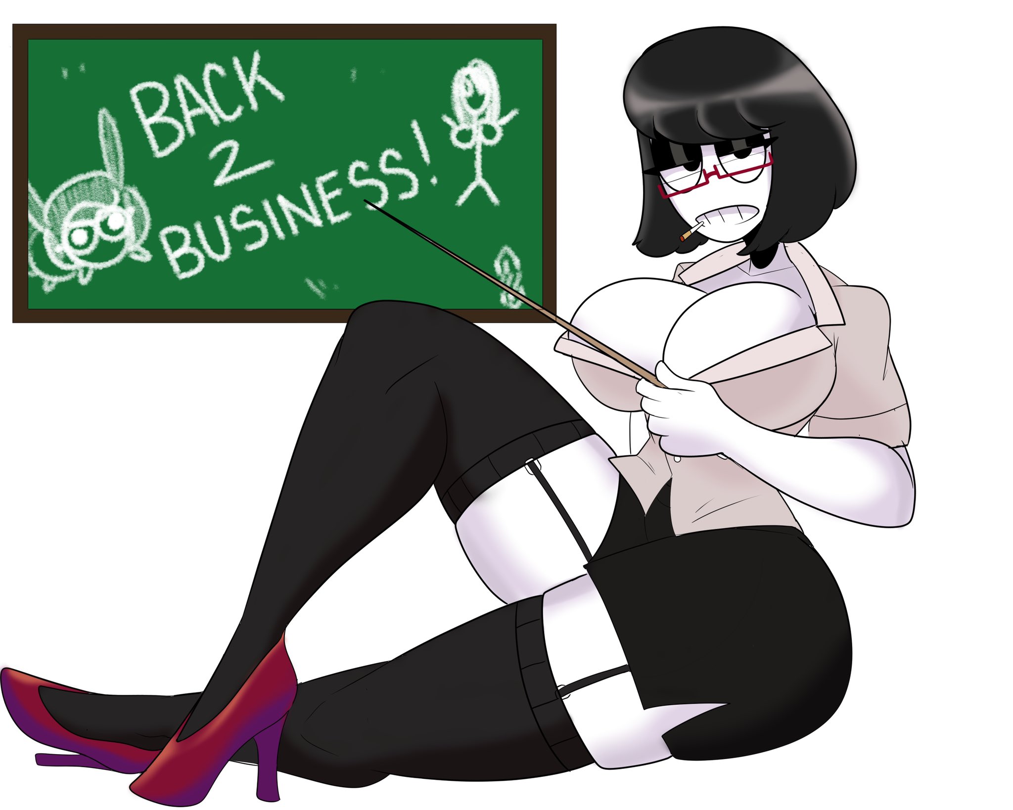 1girls, 2021, black hair, breasts, busty, chalkboard, cigarette, female, glasses, goth, high heels, leggings, long legs, looking at viewer, posing, revealing clothes, saltynoodles, school, short hair, short skirt, solo, stockings, teacher, text, unbuttoned shirt, unbuttoning, veronica (saltynoodles), white skin