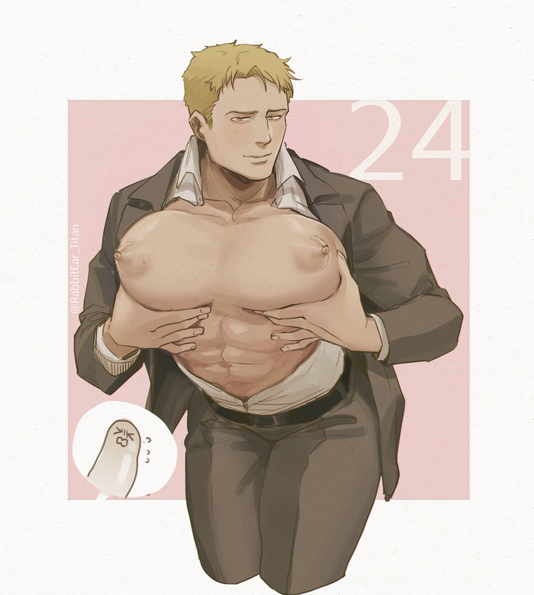 1boy, attack on titan, big pecs, breasts, male, male only, male with breasts, malesub, moobs, reiner braun, shingeki no kyojin, solo, solo focus