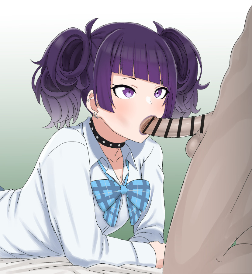 1boy bangs bar_censor bow bowtie censored collared_shirt diagonal_bangs ear_piercing erection fellatio female gradient gradient_background guhanshounen idolmaster idolmaster_shiny_colors long_sleeves oral penis piercing purple_eyes purple_hair shirt solo_focus straight tanaka_mamimi testicles twintails white_shirt