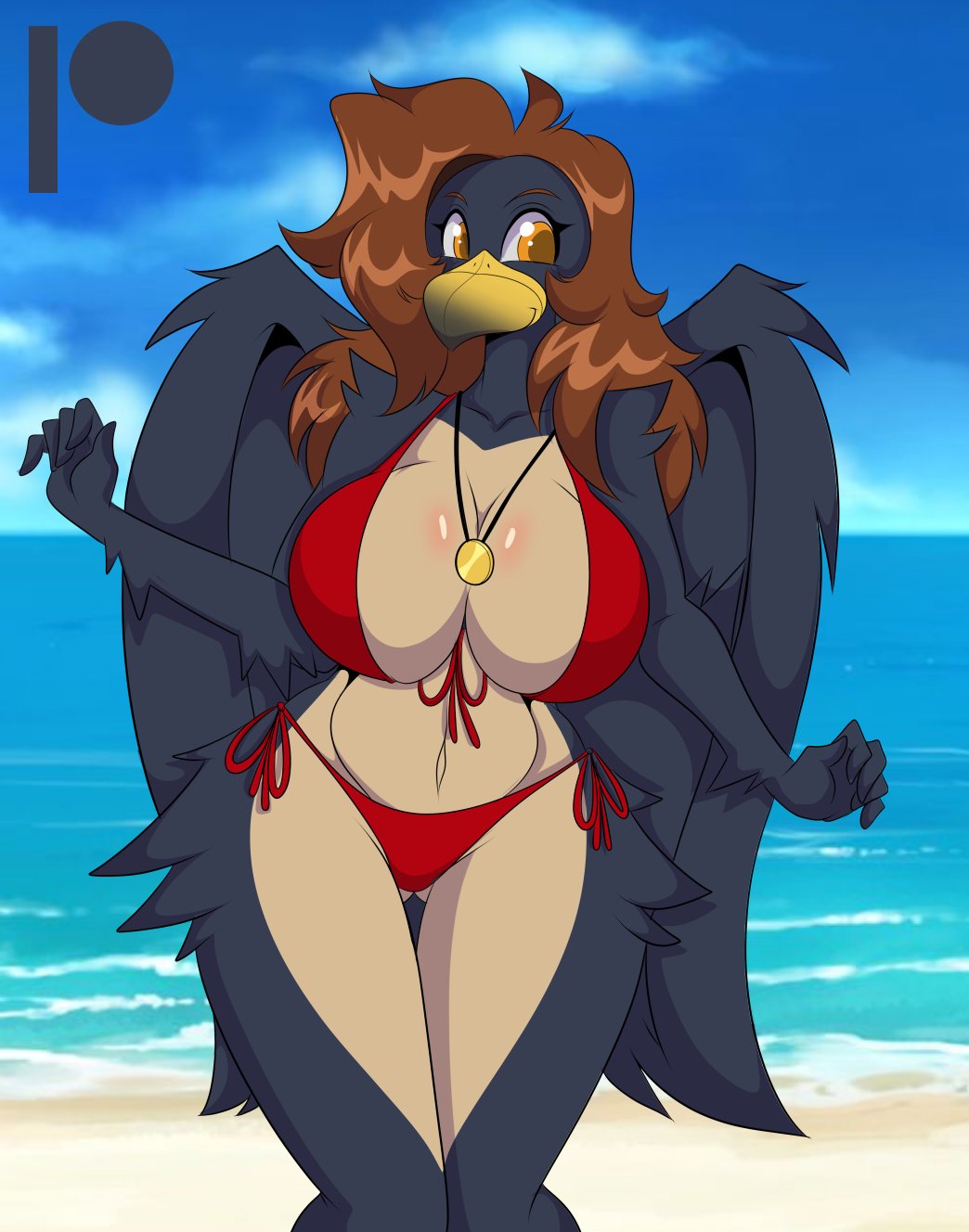 1girls anthro avian beach beak bikini bird black_fur breasts brown_hair cleavage female furry huge_breasts mastergodai medallion orange_eyes peregrine_falcon solo swimsuit thick_thighs voluptuous wide_hips wings