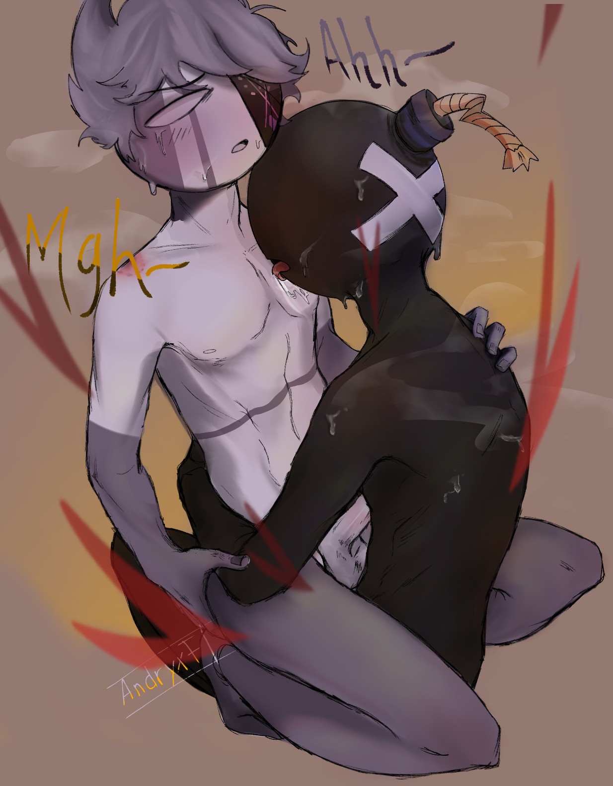 2boys, anal, anal sex, andryxferaud, anthro, anthro on humanoid, anthro penetrating, bare arms, bare back, bare chest, bare legs, bare shoulders, barefoot, bent knees, bite mark, black skin, blush, completely nude, cowgirl, cowgirl position, dominant male, eyepatch, fan character, female, friday night funkin, gay, heart, heavy breathing, hickey, humanoid penetrated, humanoid penis, implied anal, implied penetration, implied sex, kneeling, licking, love, male, male on male, male only, male penetrated, male penetrating, male/male, maledom, malesub, markings, moaning, moaning in pleasure, multiple boys, multiple males, naked, nude, on back, one eye covered, passionate, penetration, penis, penis out, purple hair, ruv (dokki.doodlez), saliva, sitting, sitting on lap, sitting on penis, sitting on person, steam, straddle, straddling, submissive male, sweat, sweatdrop, sweating, tongue, tongue out, upright straddle, white skin, whitty, whitty (friday night funkin), yaoi