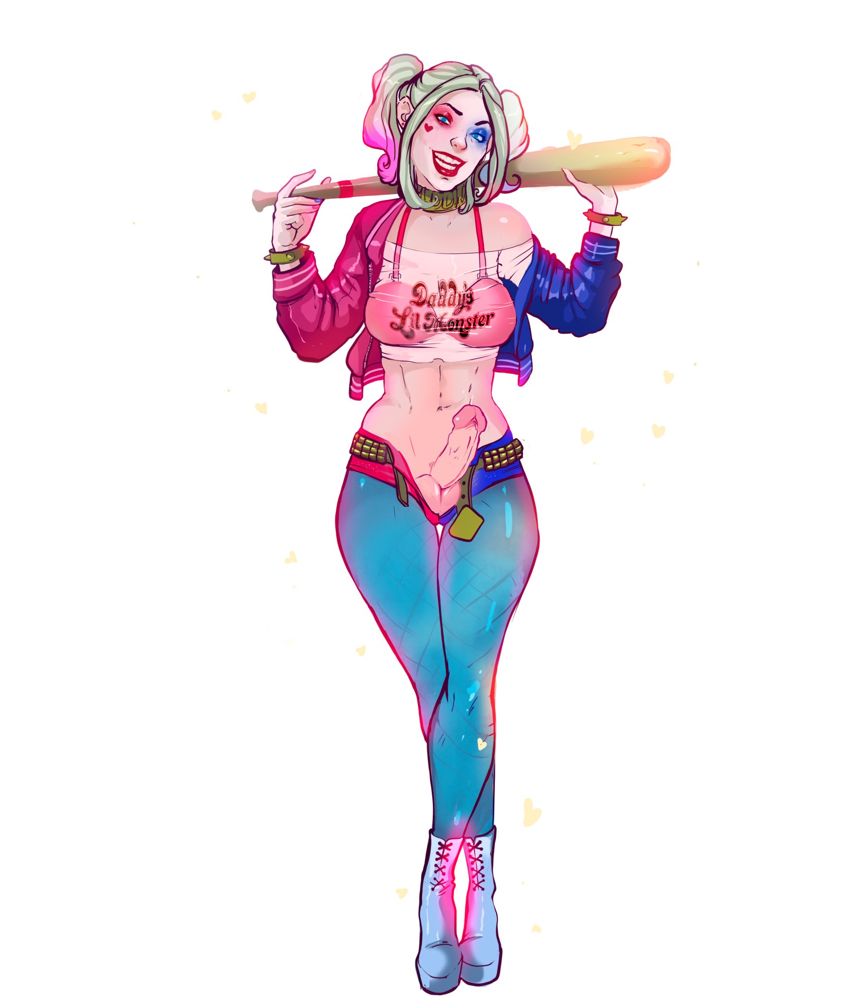 balls, baseball bat, blonde hair, dc, dc comics, futa only, futanari, hac83199, harley quinn, intersex, penis, penis out, short shorts