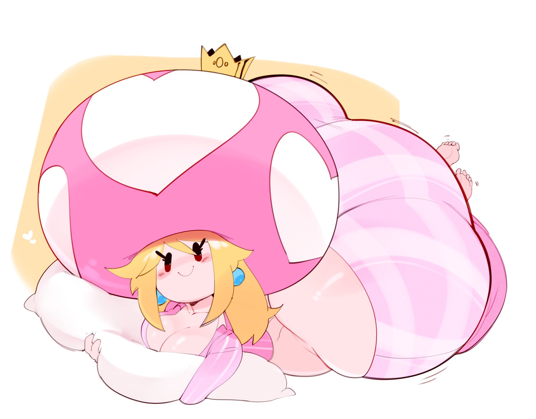 1girls, ass, ass cleavage, ass crack, big ass, big butt, blonde hair, blush, bottom heavy, breasts, bubble ass, bubble butt, bulumble-bee, butt crack, cleavage, crown, curvaceous, cute, fat ass, fat butt, feet, female, female only, full body, fusion, hug, huge ass, huge butt, hyper, hyper ass, large ass, large butt, looking at viewer, mario (series), medium breasts, nintendo, pajamas, peachette, peachette (bulumble-bee), pillow, pillow hug, seductive, seductive smile, simple background, smelly ass, solo, thick ass, thick thighs, thighs, toadette, voluptuous, wide hips