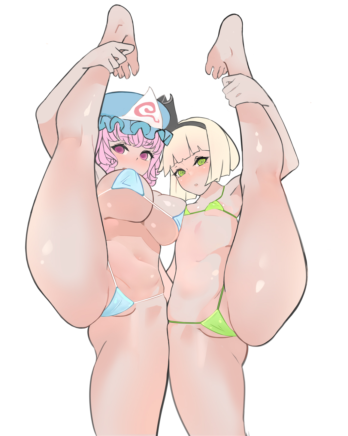 2girls, big breasts, breasts, cameltoe, female, female only, flat chest, legs up, multiple females, multiple girls, na7na hachi8, partially clothed, pussy, small breasts, splits, tagme, touhou, youmu konpaku, yuyuko saigyouji