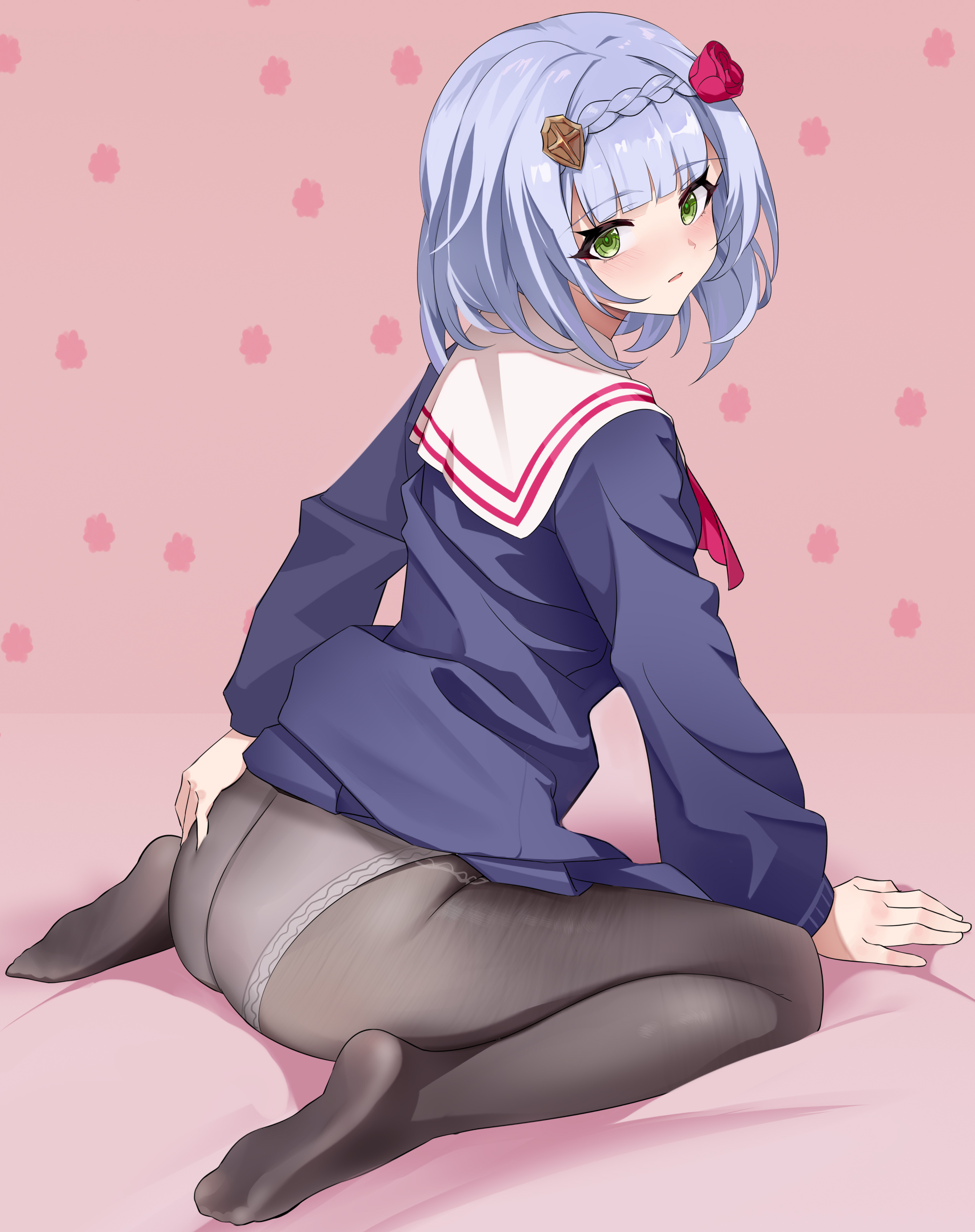 absurdres, ass, bangs, black legwear, blush, braid, crotch seam, eyebrows visible through hair, female, french braid, from behind, genshin impact, green eyes, hand on ass, highres, long sleeves, looking back, noelle (genshin impact), panties, panties under pantyhose, pantyhose, parted lips, purple shirt, red neckwear, sailor collar, school uniform, shirt, silver hair, sitting, skirt, skirt lift, solo, underwear, wariza, xila qian tang shi