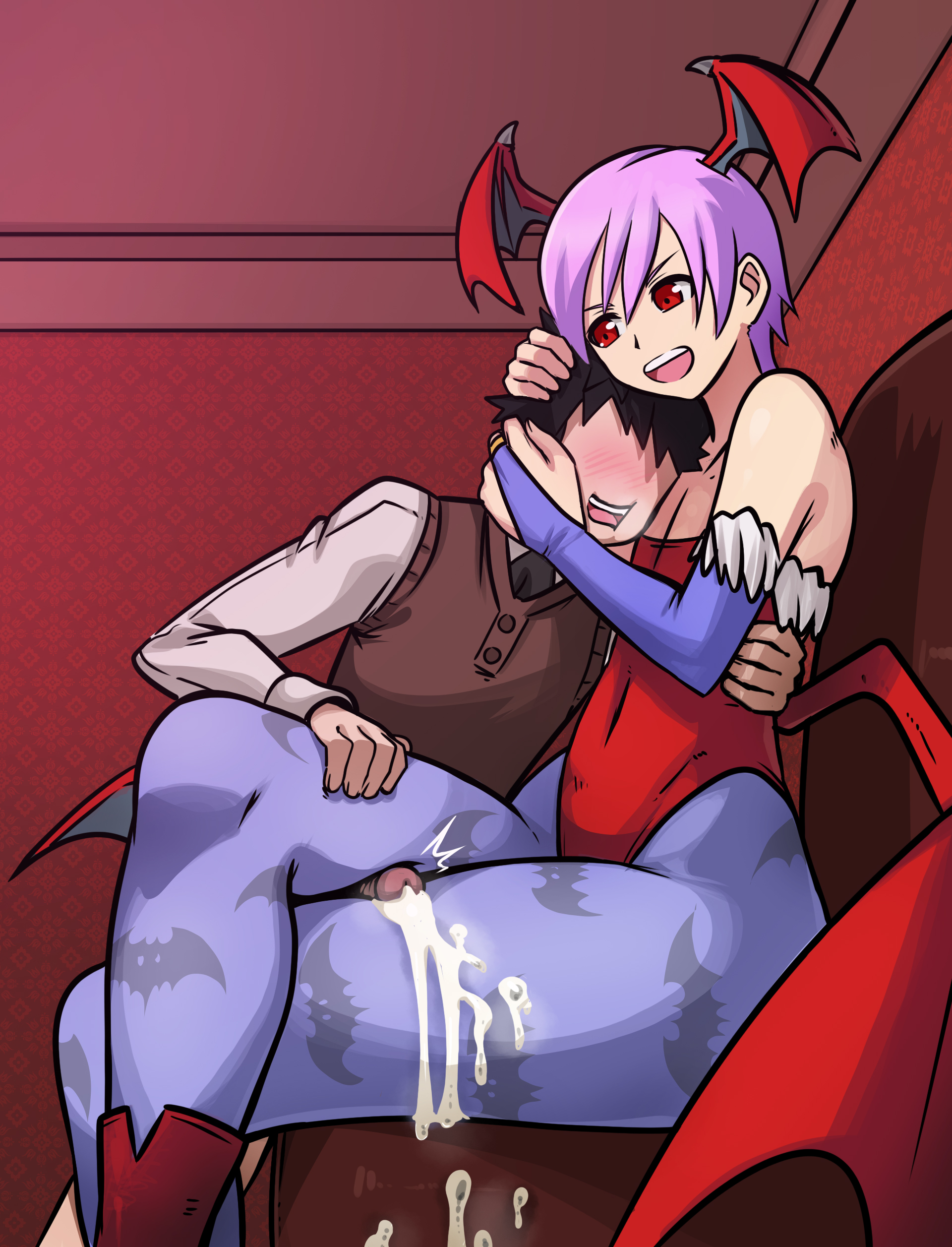 1boy, 1girls, 2020, capcom, clothing, cum, cumshot, darkstalkers, demon, female, femdom, flat chest, gentle femdom, lilith aensland, male, mosbles, outercourse, succubus, sumata, sumata cafe, thigh job, thigh sex, tights