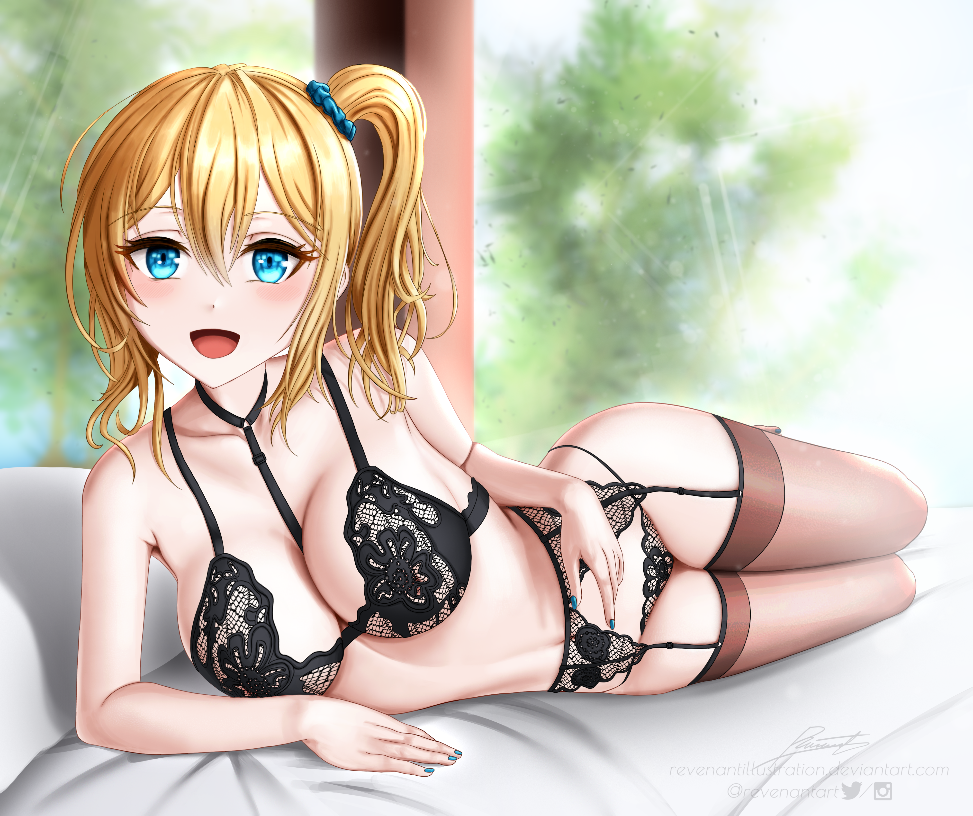 black bra, black garter belt, black garter straps, black panties, black underwear, blonde hair, blue eyes, blush, breasts, eyebrows, eyebrows visible through hair, female, female focus, female only, garter belt, garter straps, hayasaka ai, kaguya-sama wa kokurasetai ~tensai-tachi no renai zunousen~, legwear, looking at viewer, lying, lying on bed, lying on side, open mouth, revenantart, side ponytail, solo, solo female, solo focus, stockings, thighs, underwear