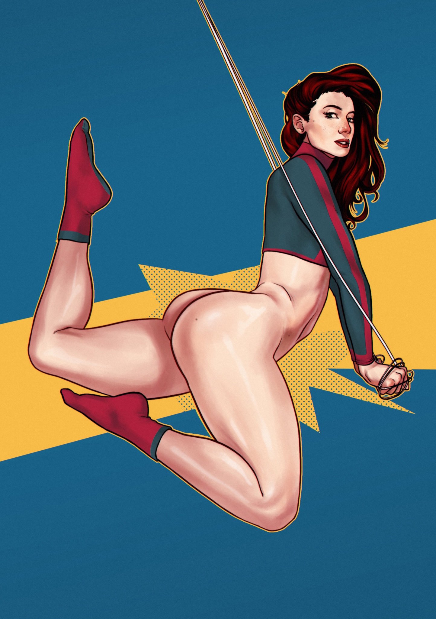 1girls, abstract background, ass, bottomless, dima ivanov, female, long hair, marvel, marvel comics, mary jane watson, midair, pinup, pinup pose, pose, red hair, rope, solo, spider-man (series), thighs