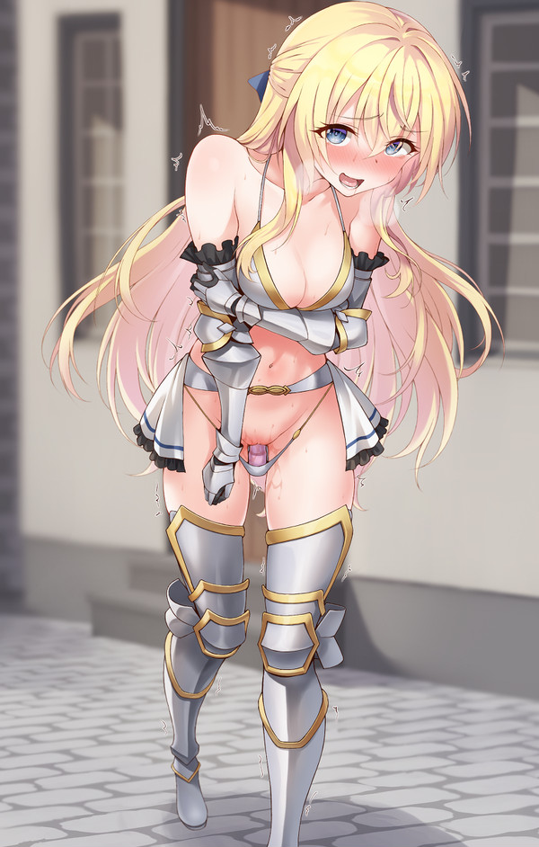 1girls, armor, blonde hair, blue eyes, blush, bodily fluids, breasts, clothes, clothing, female, flustered, goblin slayer, long hair, navel, outdoors, outside, panties, priestess, priestess (goblin slayer), pussy, pussy juice, sex toy, solo, toy