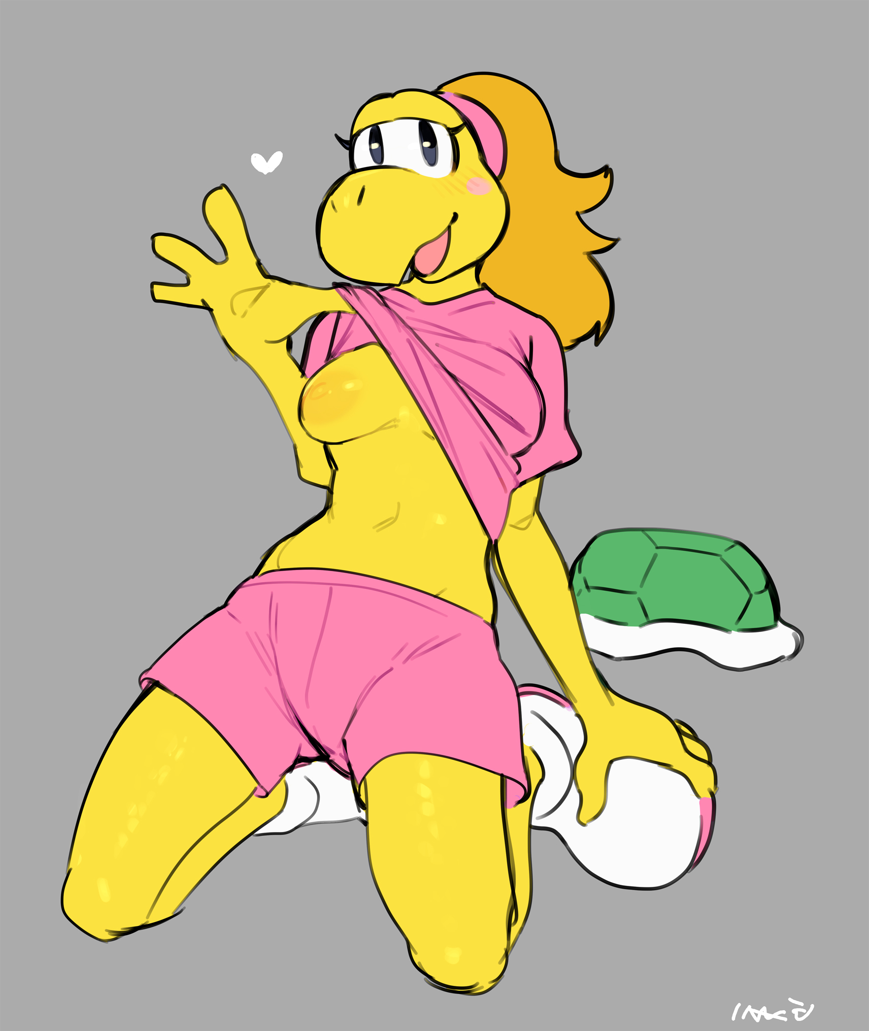 1girls, areolae, bebebebebe, black eyes, blonde hair, blush, breasts, clothing lift, female, female only, grey background, hairband, heart, hi res, humanoid, kneeling, koopa, koopie koo, leaning back, looking at viewer, mario (series), nintendo, nipples, one breast out, paper mario, ponytail, shell, shorts, solo, solo female, t-shirt, yellow body