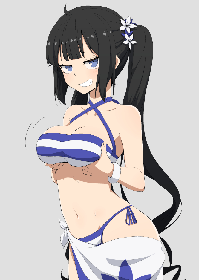 1girls, bikini, black hair, blue eyes, bracelet, breasts, dungeon ni deai wo motomeru no wa machigatteiru darou ka, female, female focus, female only, hestia (danmachi), long hair, looking at viewer, navel, self fondle, side-tie bikini, smug, solo, striped bikini, swimsuit, twintails