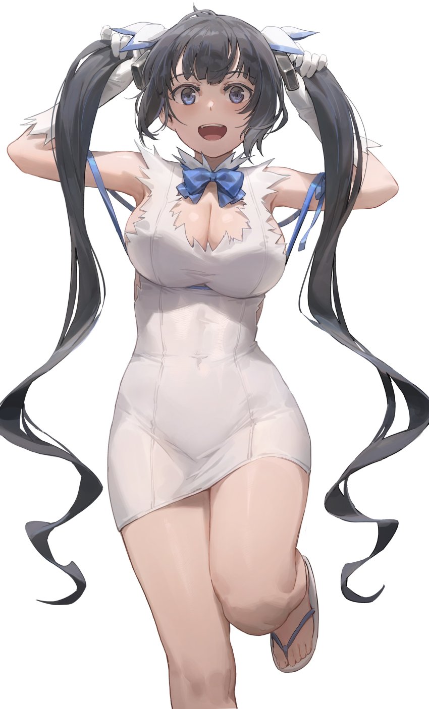 1girls, black hair, blue eyes, breasts, dungeon ni deai wo motomeru no wa machigatteiru darou ka, female, female focus, female only, hestia (danmachi), long hair, open toe shoes, solo, tagme, twintails, yohan1754
