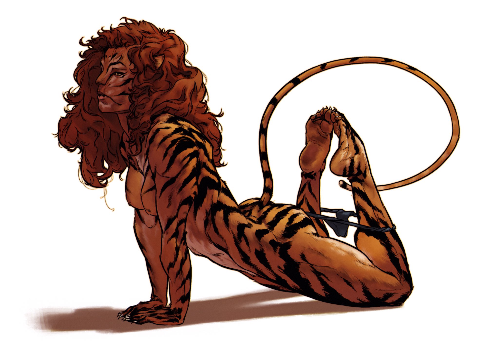 1girls, breasts, dima ivanov, feet, female, humanoid, long hair, marvel, marvel comics, nude, panties down, pinup, pose, small breasts, solo, tigra, white background
