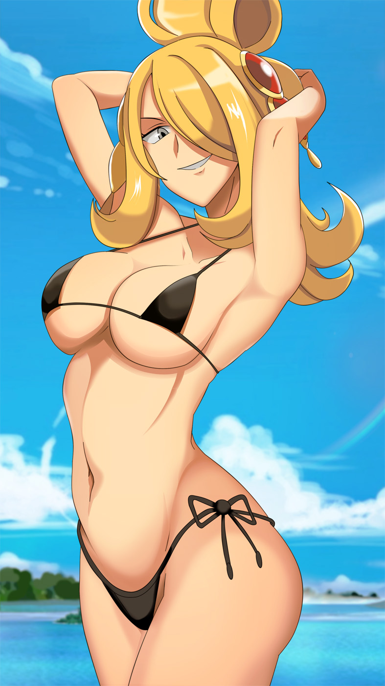 1girls alternate_breast_size armpits arms_behind_head big_breasts bikini black_bikini blonde_hair breasts busty cleavage cynthia_(pokemon) female female_only grin hair_ornament hips human large_breasts long_hair navel nintendo pokemon pokemon_dppt pose side-tie_bikini smile vivivoovoo